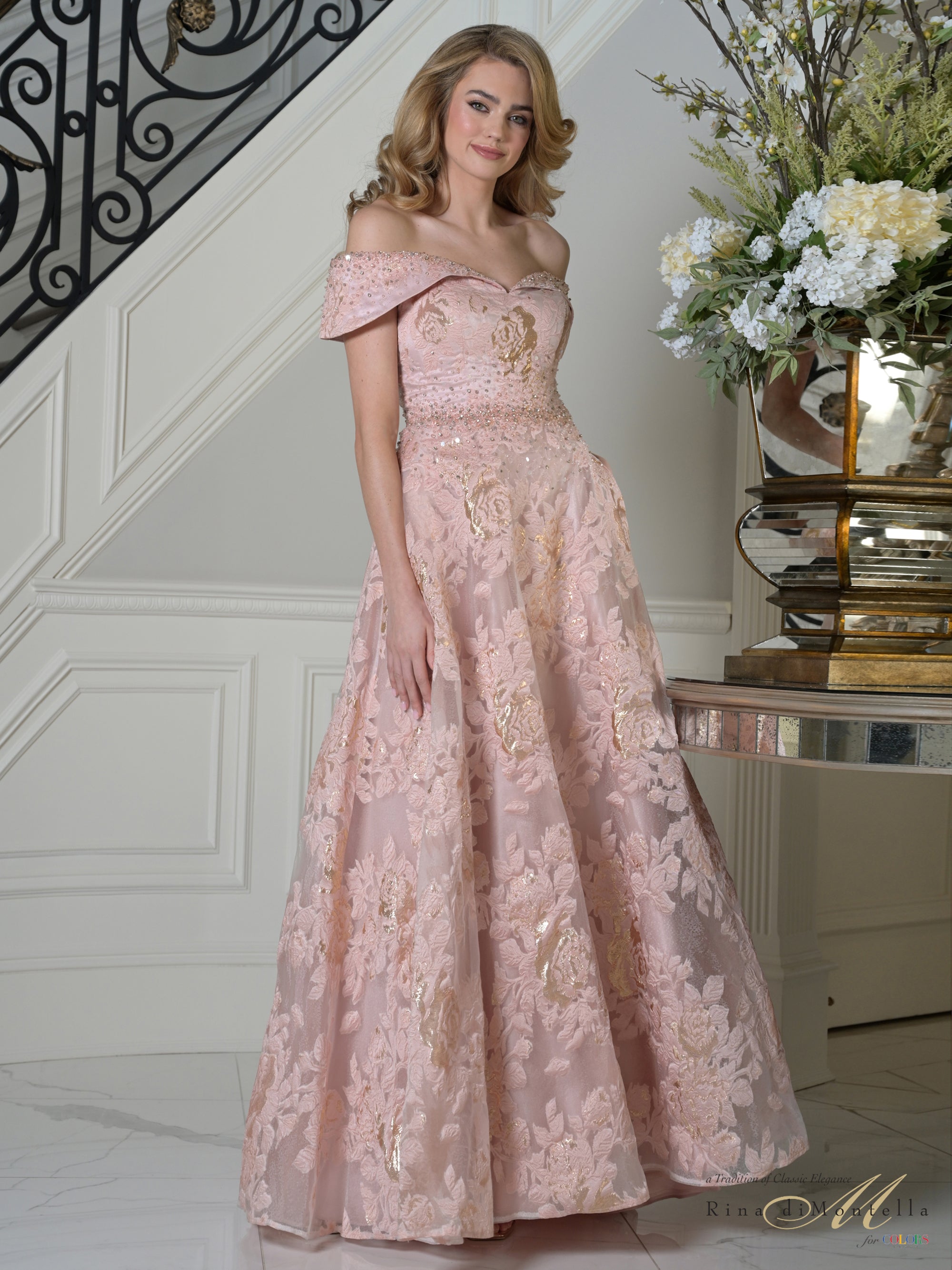 Pink Off-the-Shoulder Beaded Floral Lace A-Line Evening Gown Pockets Rina Di Montella RD3526