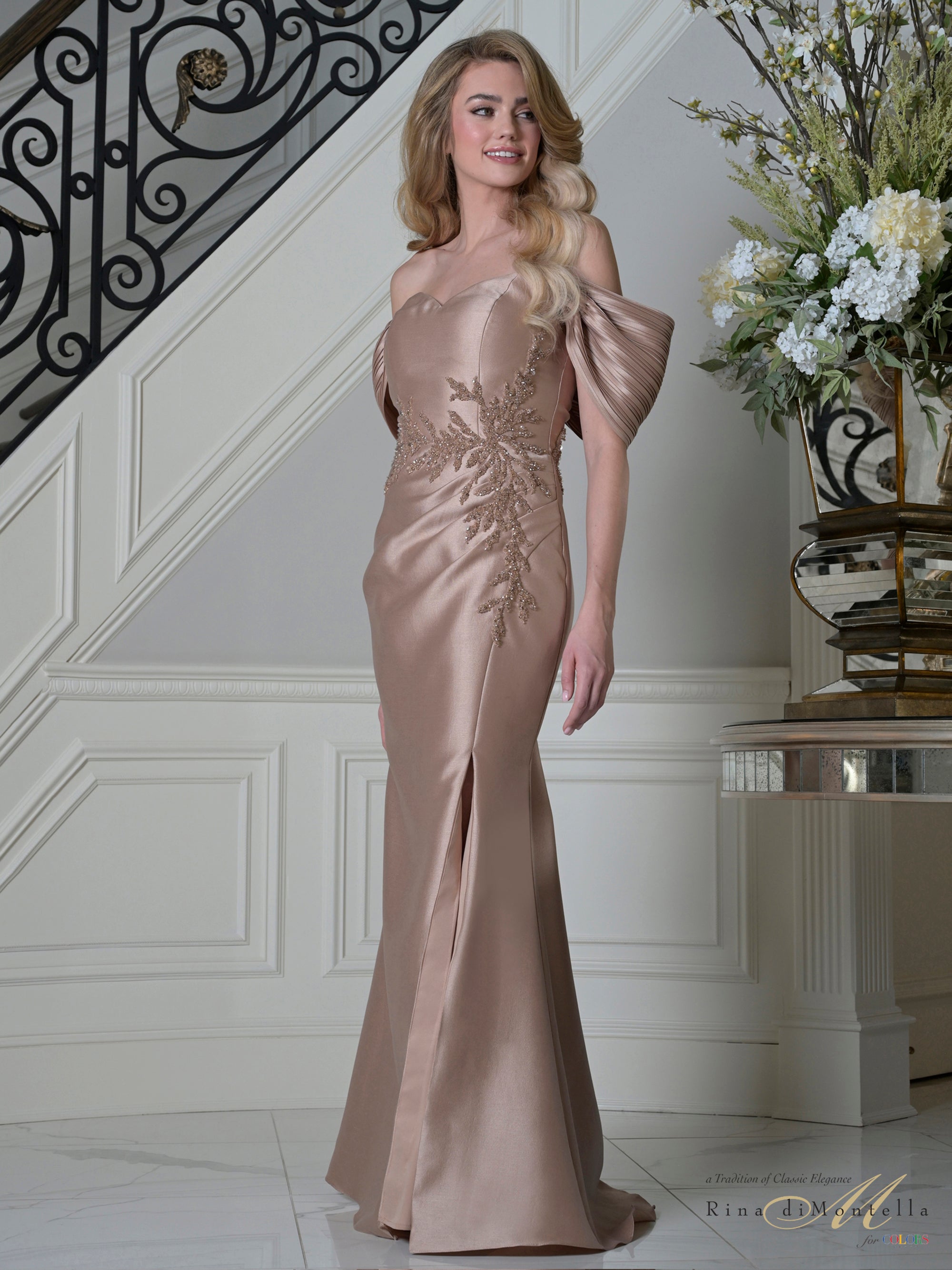 Rose Gold Off-the-Shoulder Beaded Mikado Mermaid Evening Gown Side Slit Rina Di Montella RD3527