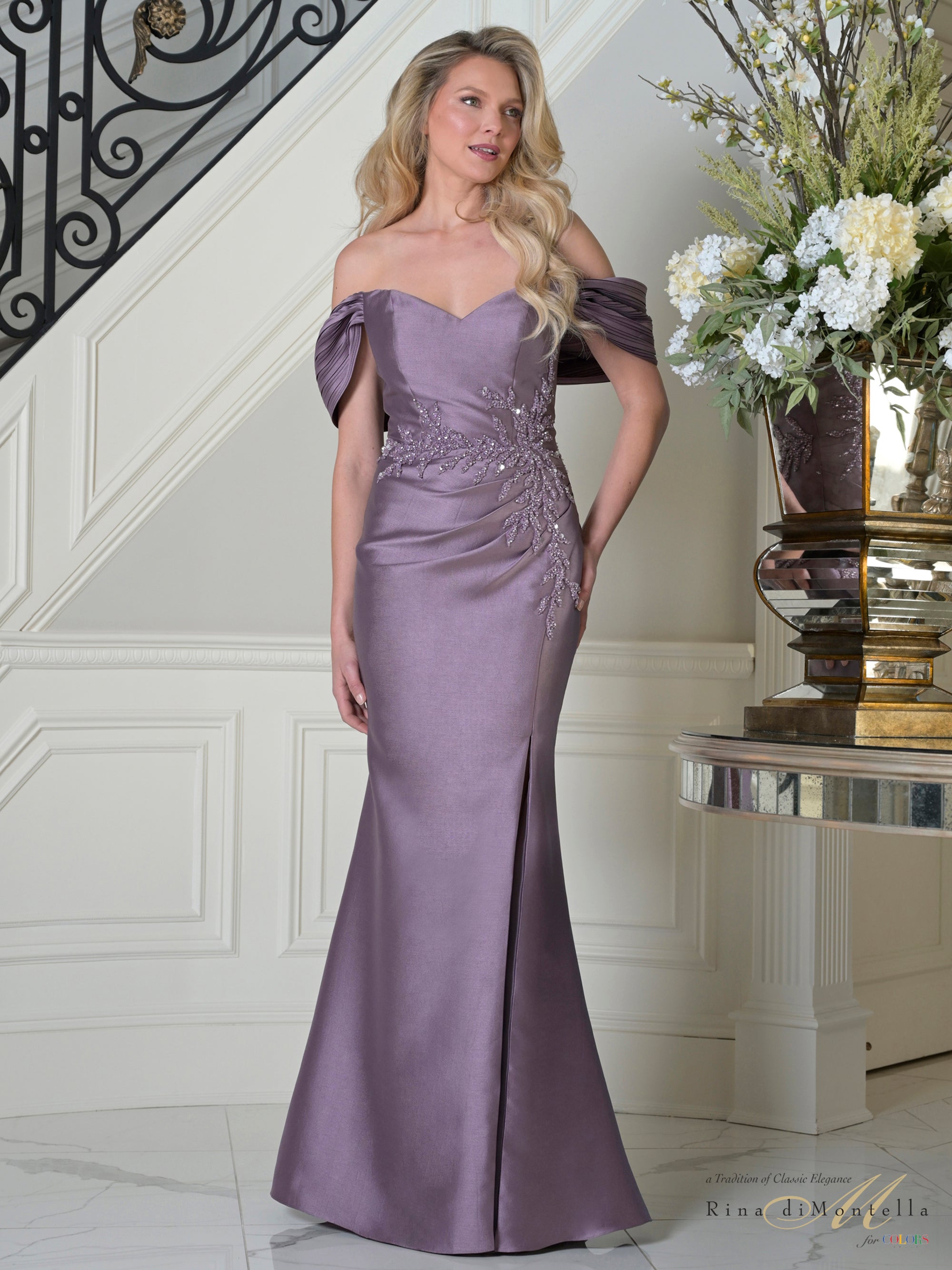 Victorian Lilac Off-the-Shoulder Beaded Mikado Mermaid Evening Gown Side Slit Rina Di Montella RD3527
