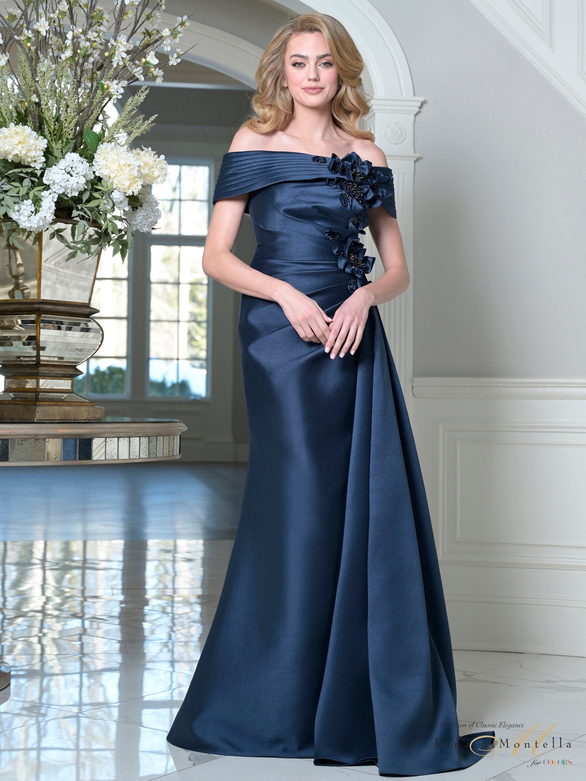 Navy Off-the-Shoulder Floor-Length Mikado Formal Gown Floral Applique Rina Di Montella RD3528