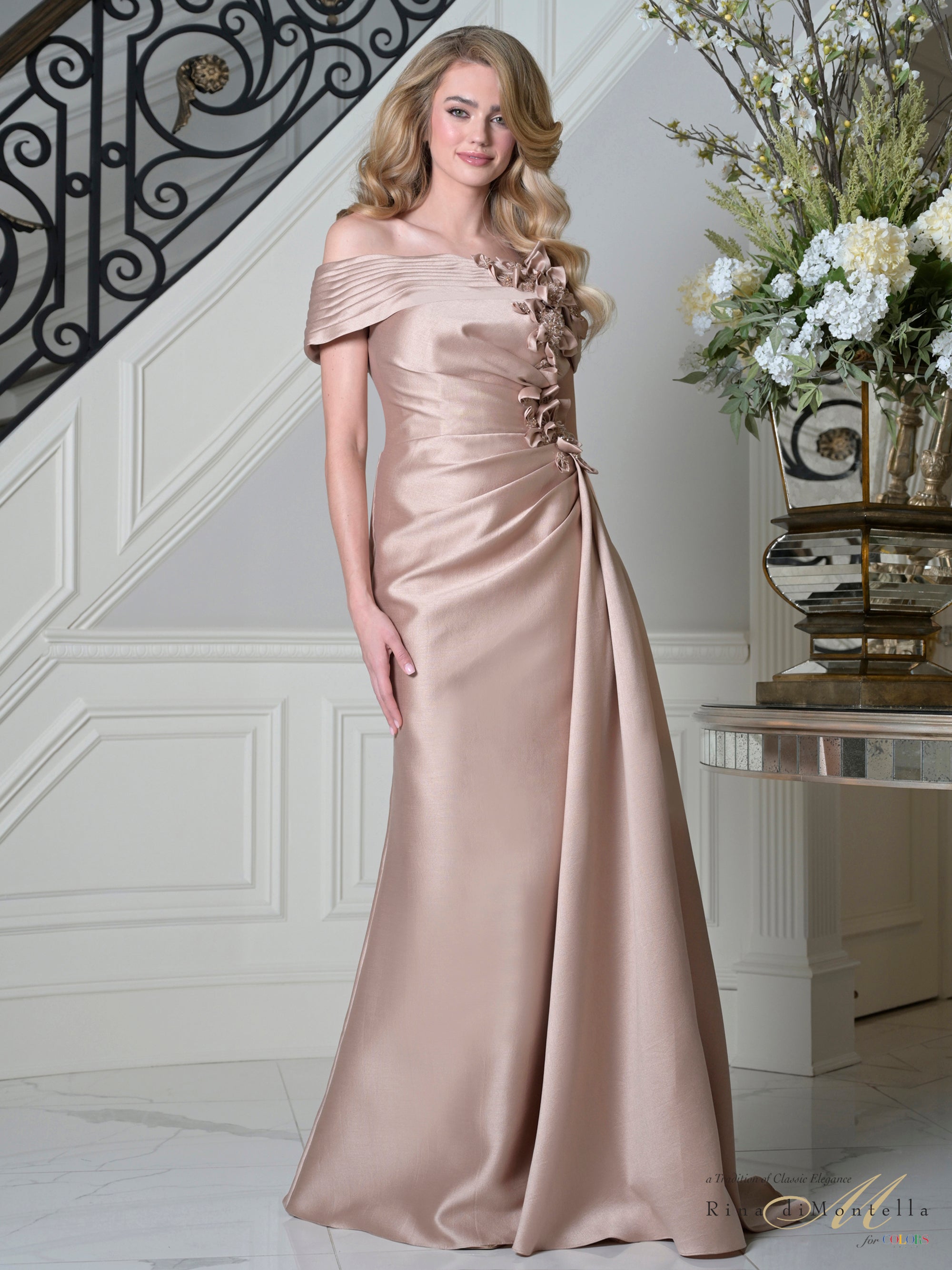 Rose Gold Off-the-Shoulder Floor-Length Mikado Formal Gown Floral Applique Rina Di Montella RD3528