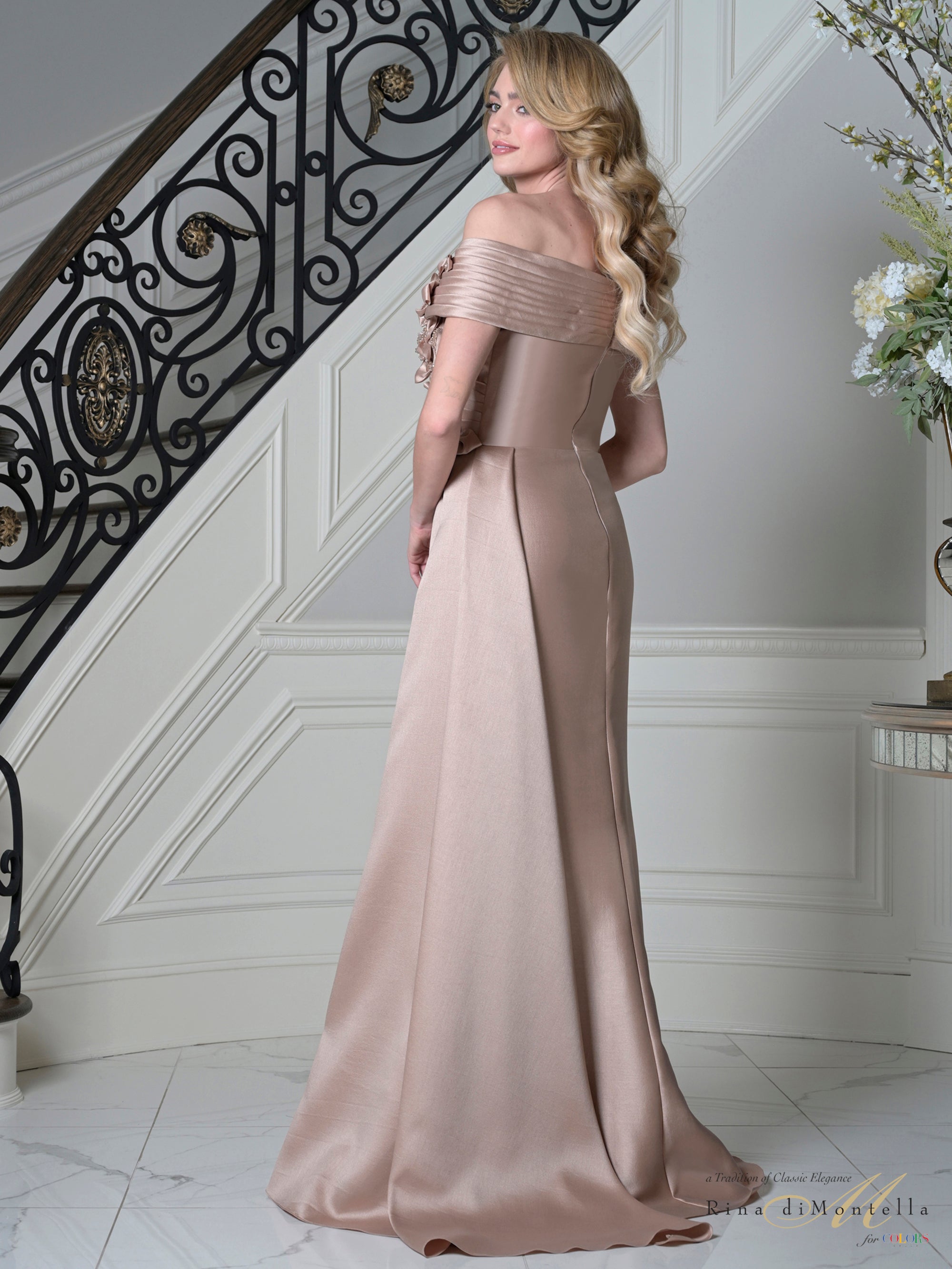 Rose Gold Off-the-Shoulder Floor-Length Mikado Formal Gown Floral Applique Rina Di Montella RD3528