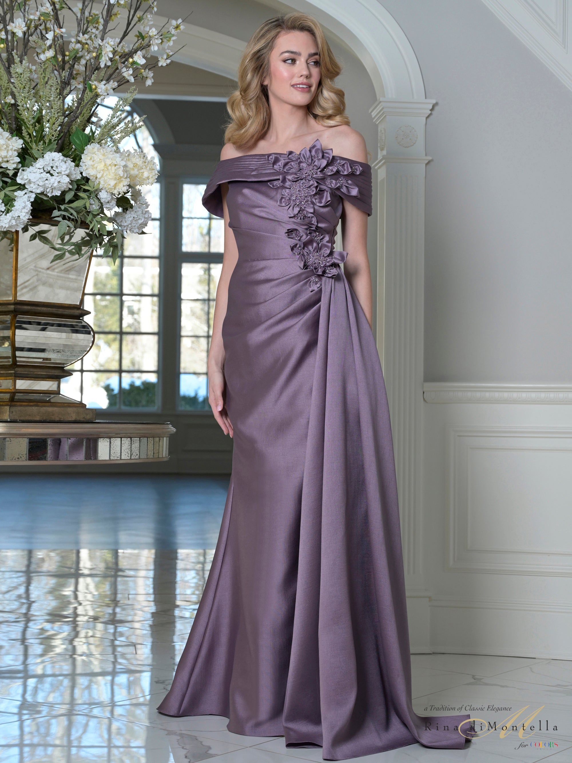 Victorian Lilac Off-the-Shoulder Floor-Length Mikado Formal Gown Floral Applique Rina Di Montella RD3528