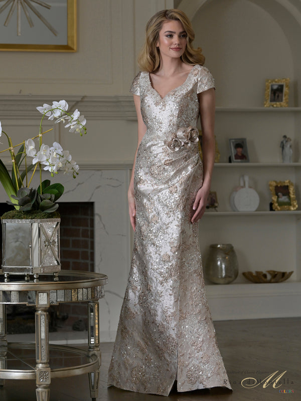 V-Neck Floor-Length Brocade Formal Gown Side Slit Rina di Montella RD3529