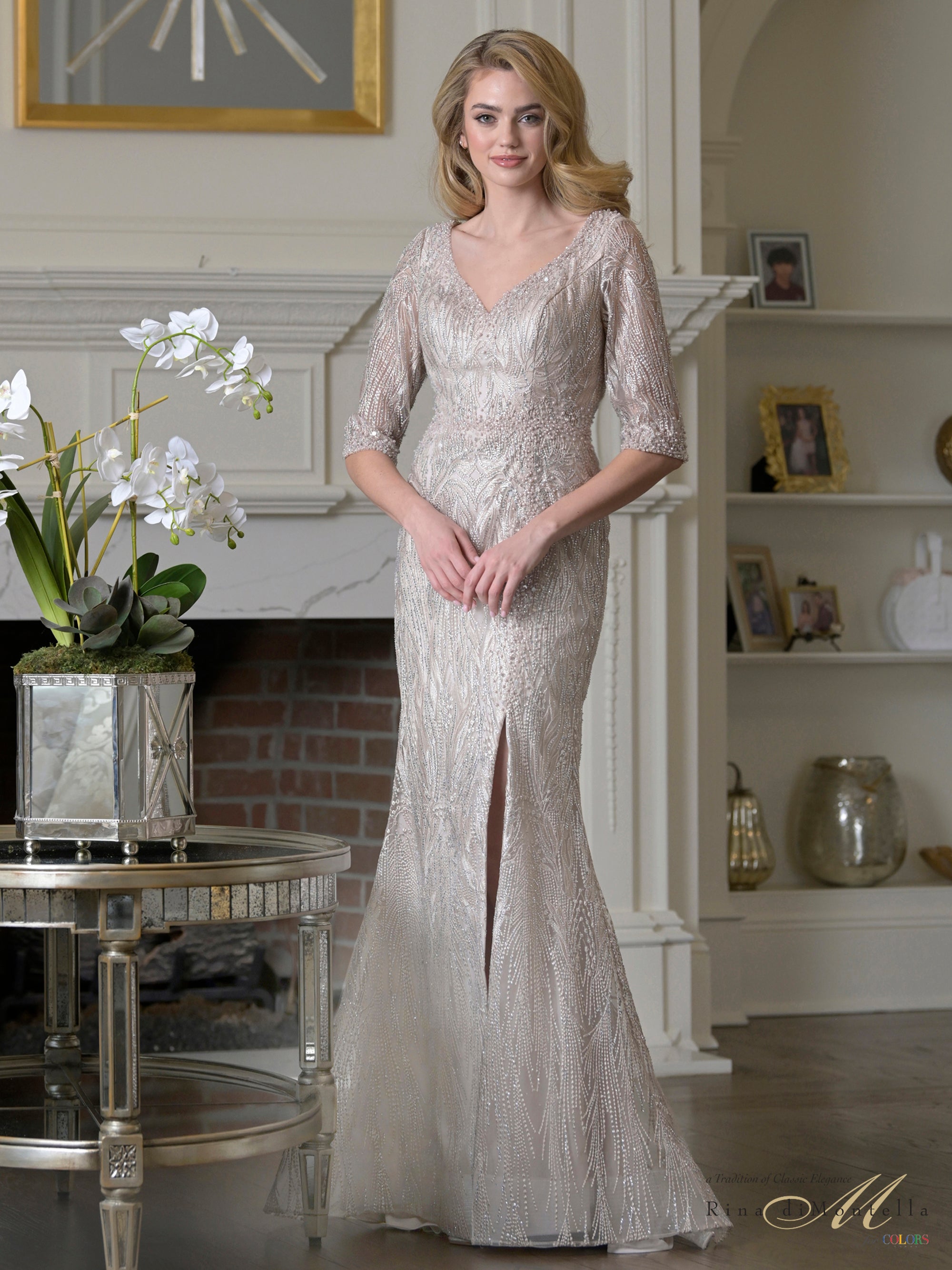 Light Taupe V-Neck Floor-Length Beaded Mesh Formal Gown Elbow-Length Sleeves Rina Di Montella RD3530