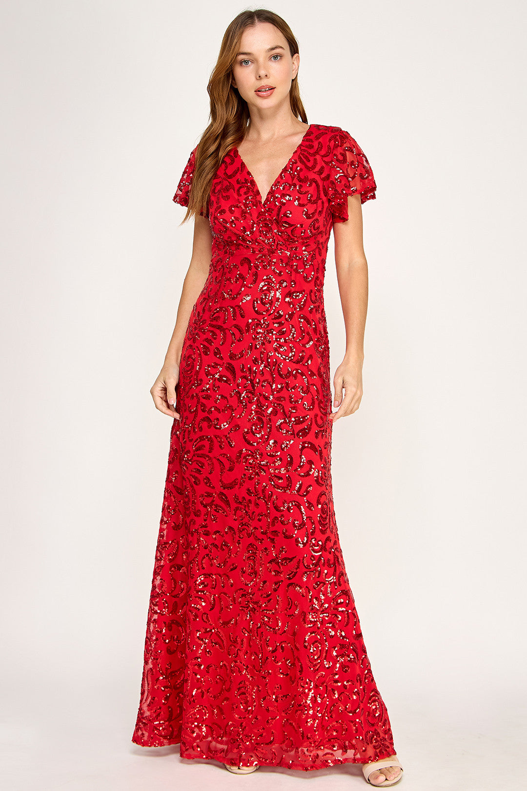 V-Neck Floor-Length Sequin Evening Fit & Flare Lenovia 3124