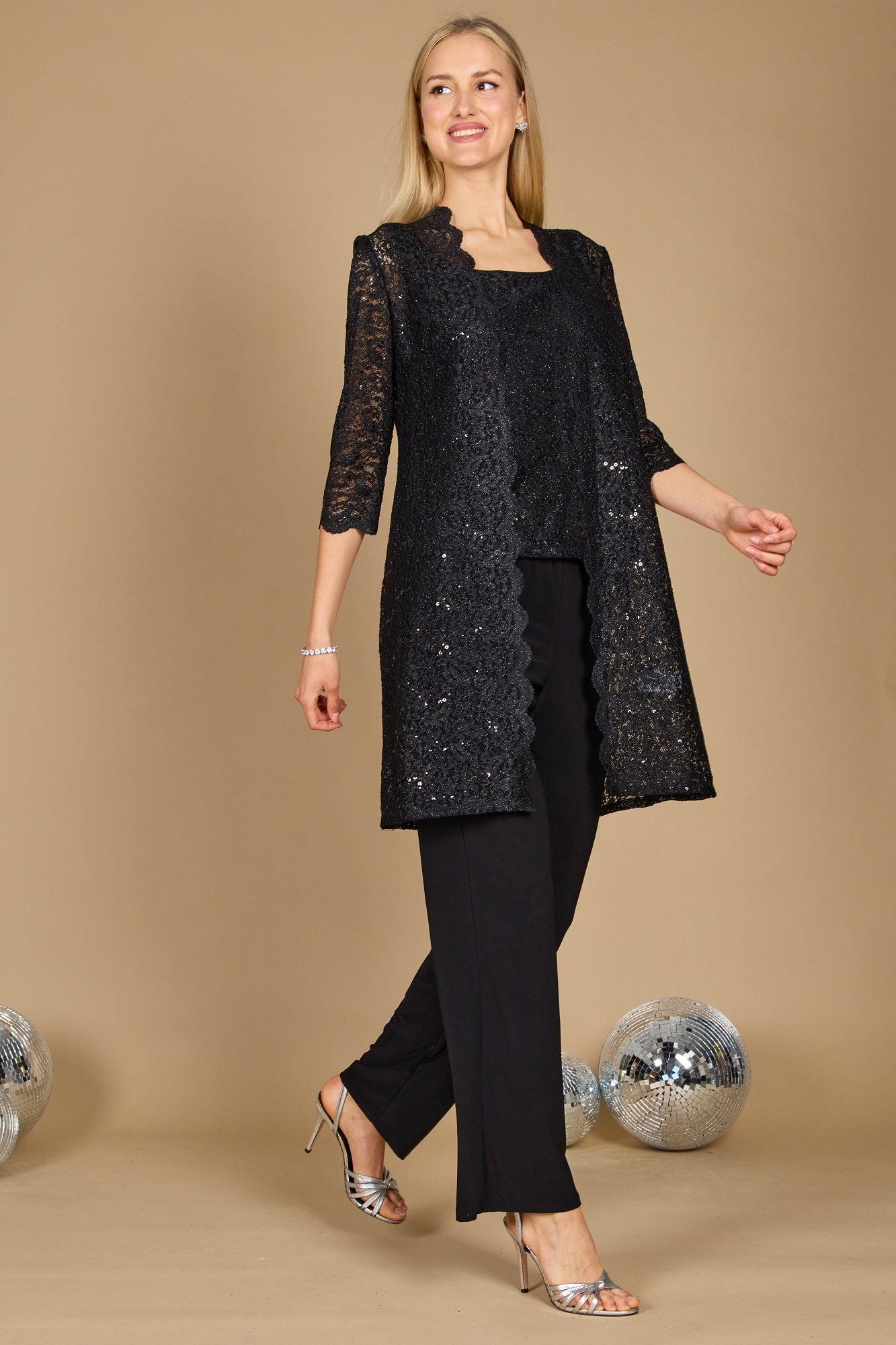 R&M Richards RM1993 Mother of the Bride Long Jacket Pant Suit in Black