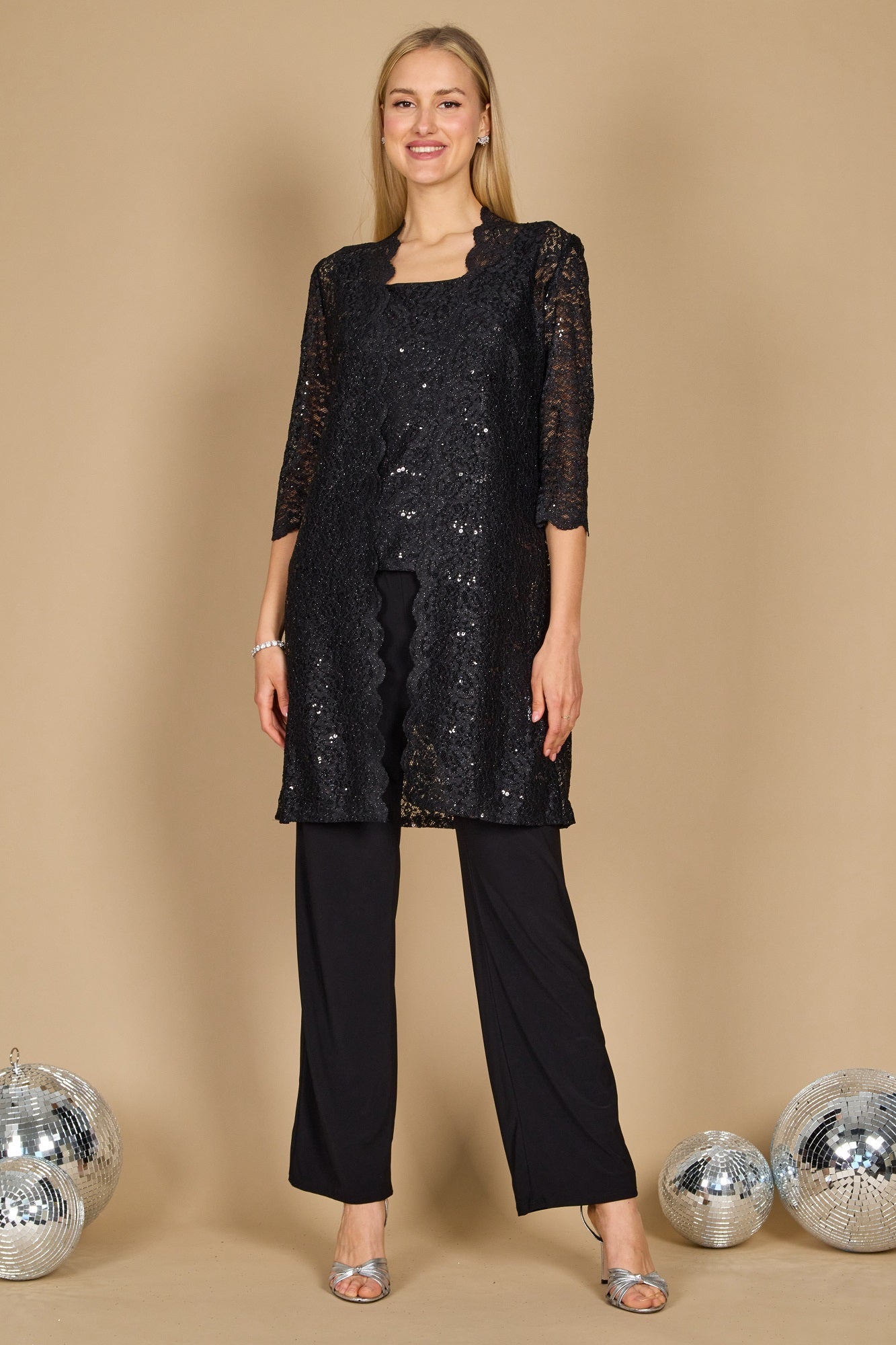 R&M Richards RM1993 Mother of the Bride Long Jacket Pant Suit in Black