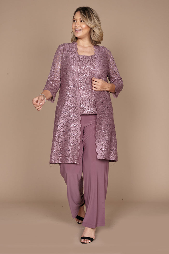 R&M Richards RM1993 Mother of the Bride Long Jacket Pant Suit in Dark Rose