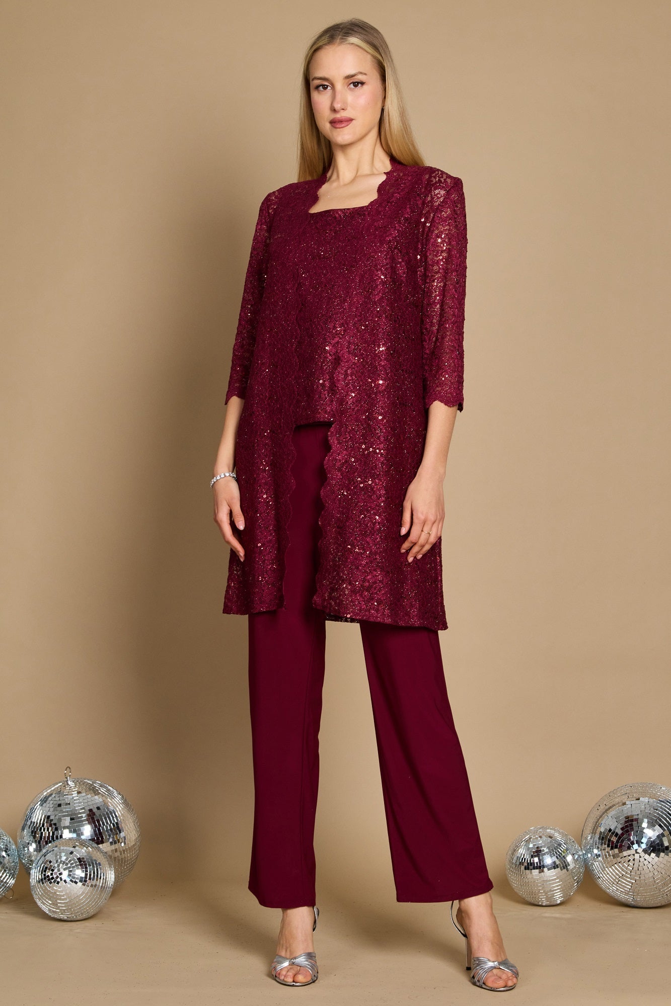 R&M Richards RM1993 Mother of the Bride Long Jacket Pant Suit in Merlot