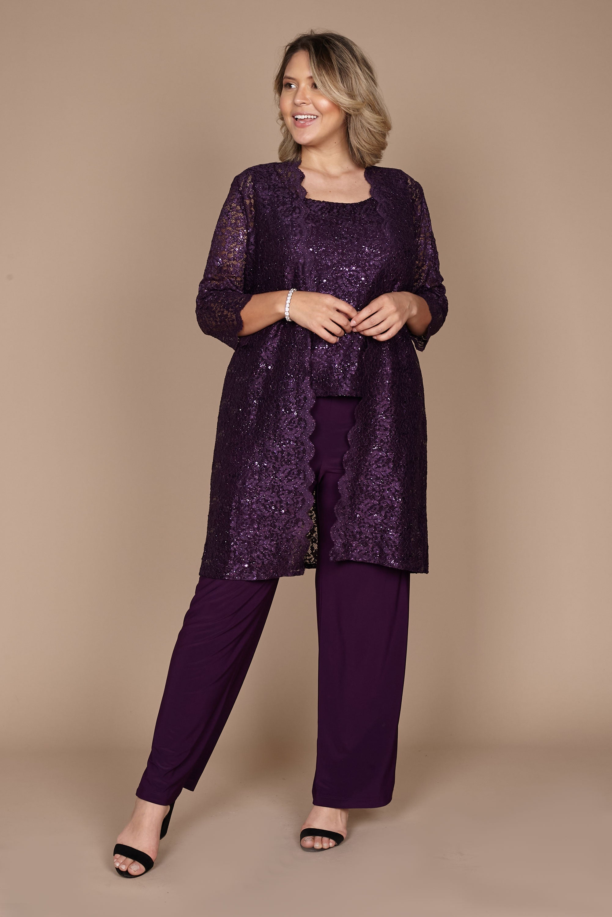 R&M Richards RM1993 Mother of the Bride Long Jacket Pant Suit in Plum