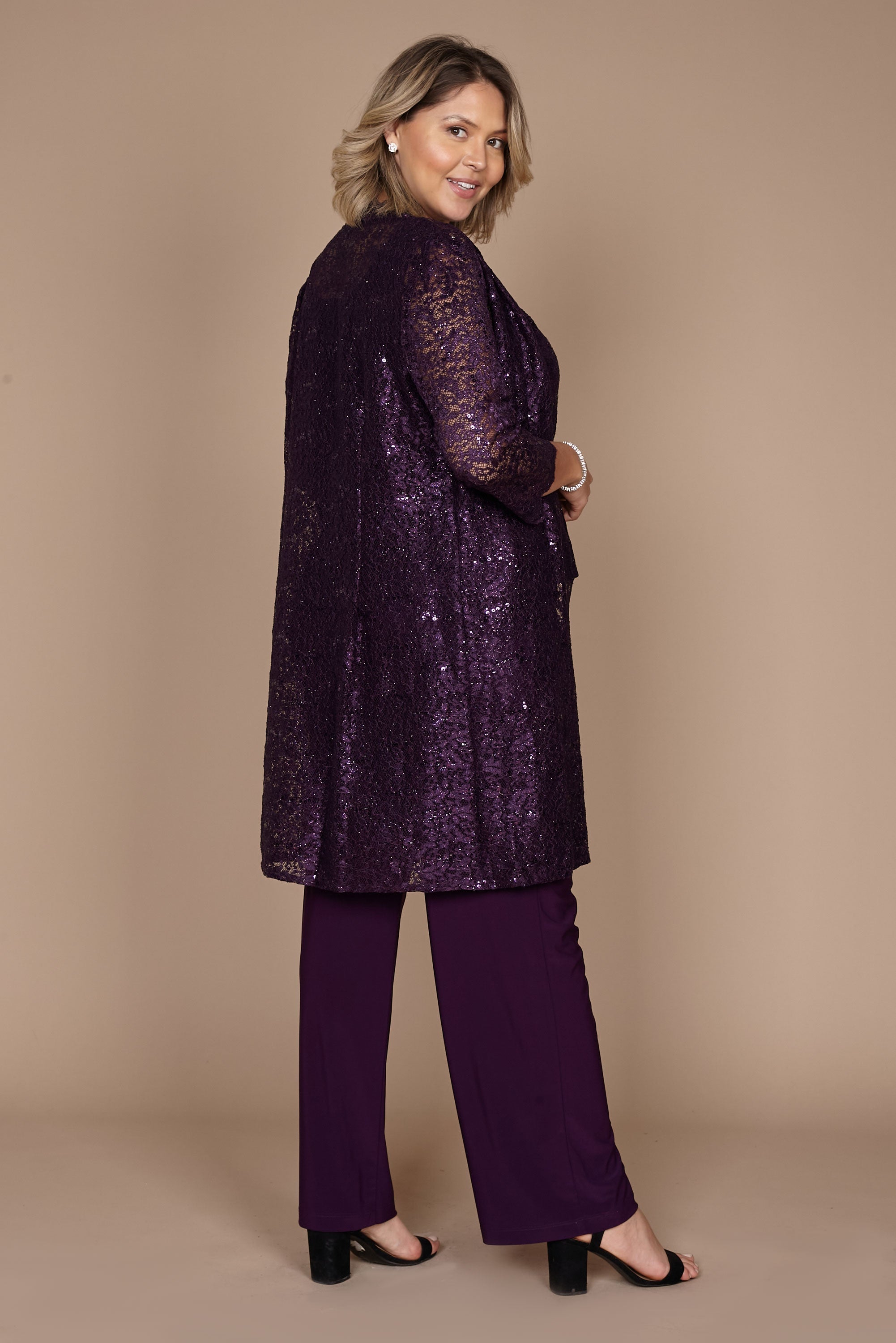 R&M Richards RM1993 Mother of the Bride Long Jacket Pant Suit in Plum