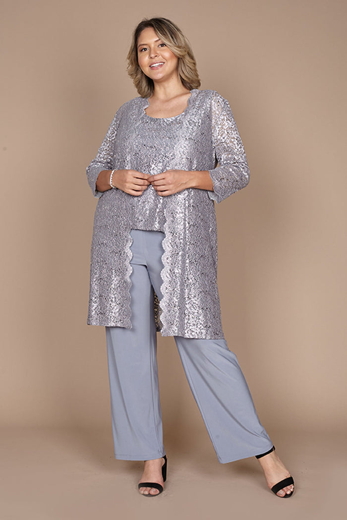 R&M Richards RM1993 Mother of the Bride Long Jacket Pant Suit in Silver