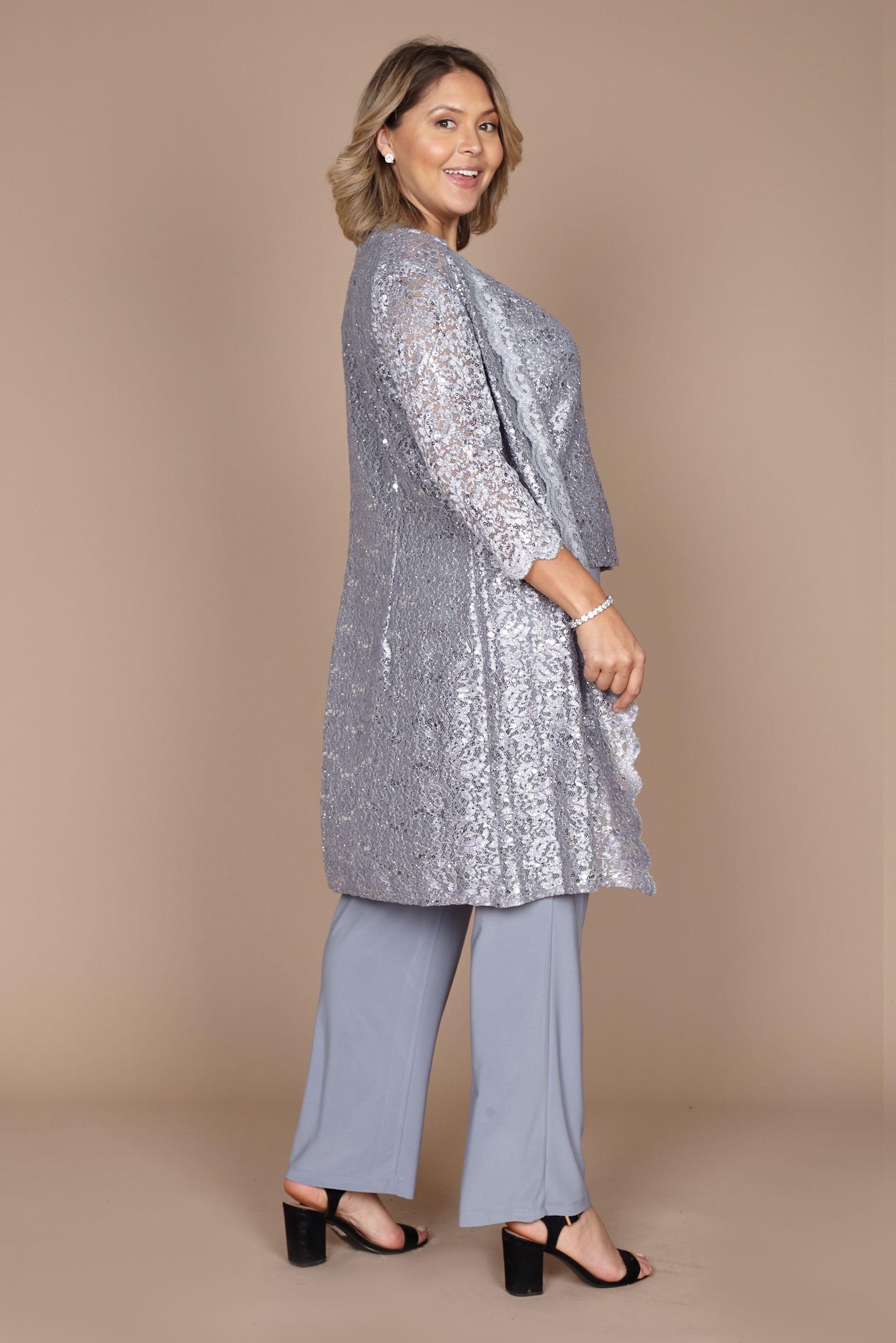 R&M Richards RM1993 Mother of the Bride Long Jacket Pant Suit in Silver