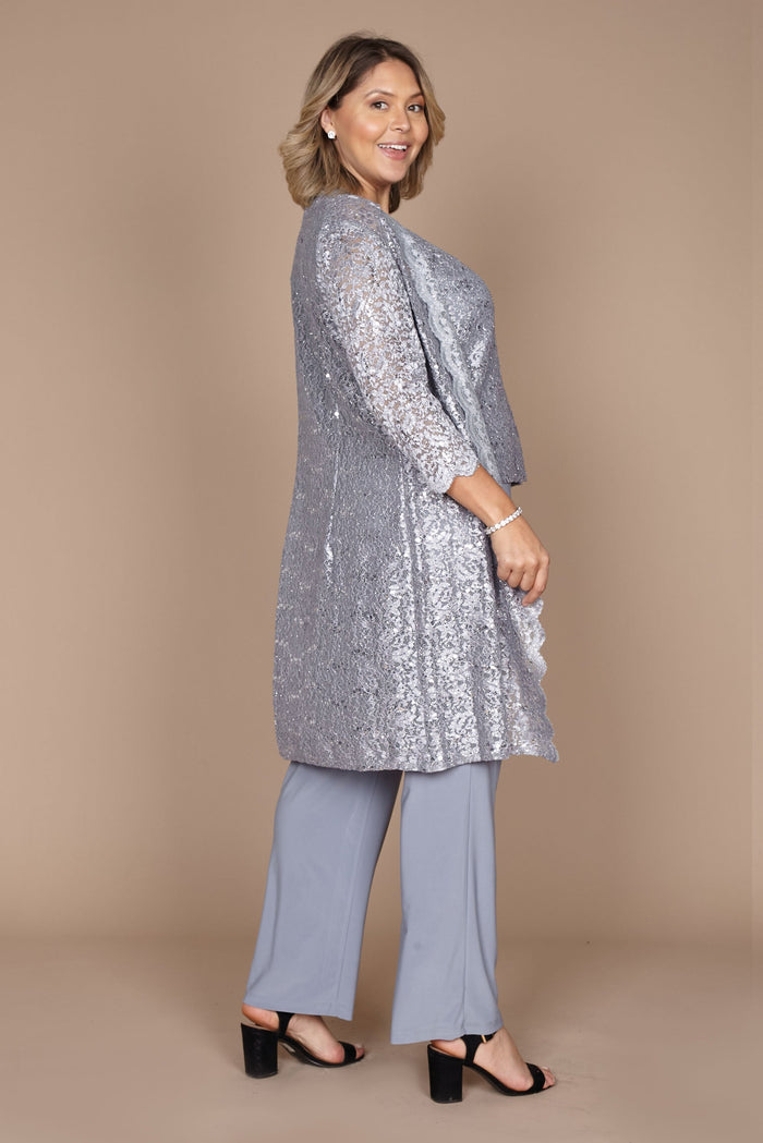 R&M Richards RM1993 Mother of the Bride Long Jacket Pant Suit in Silver