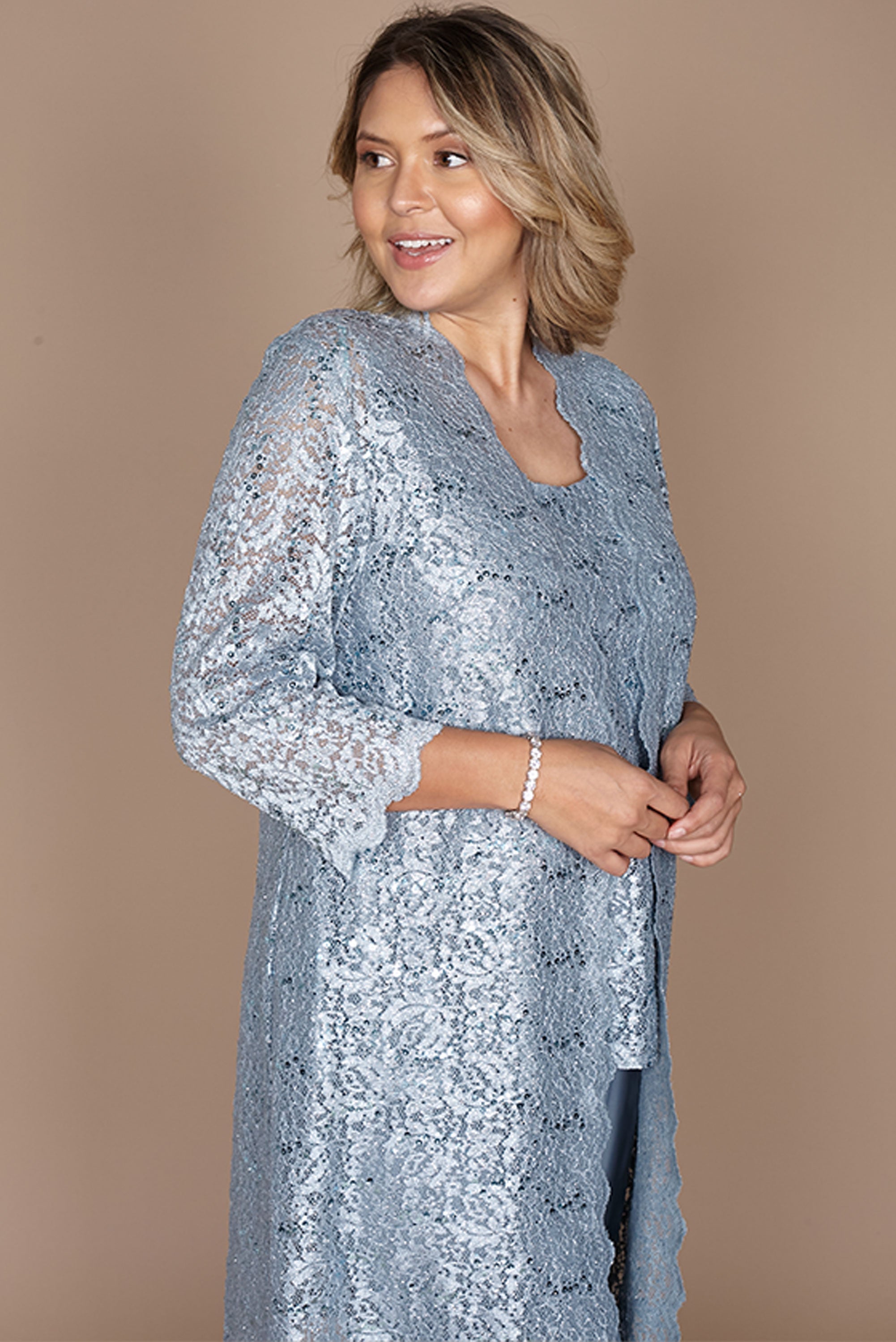 R&M Richards RM1993 Mother of the Bride Long Jacket Pant Suit in Slate