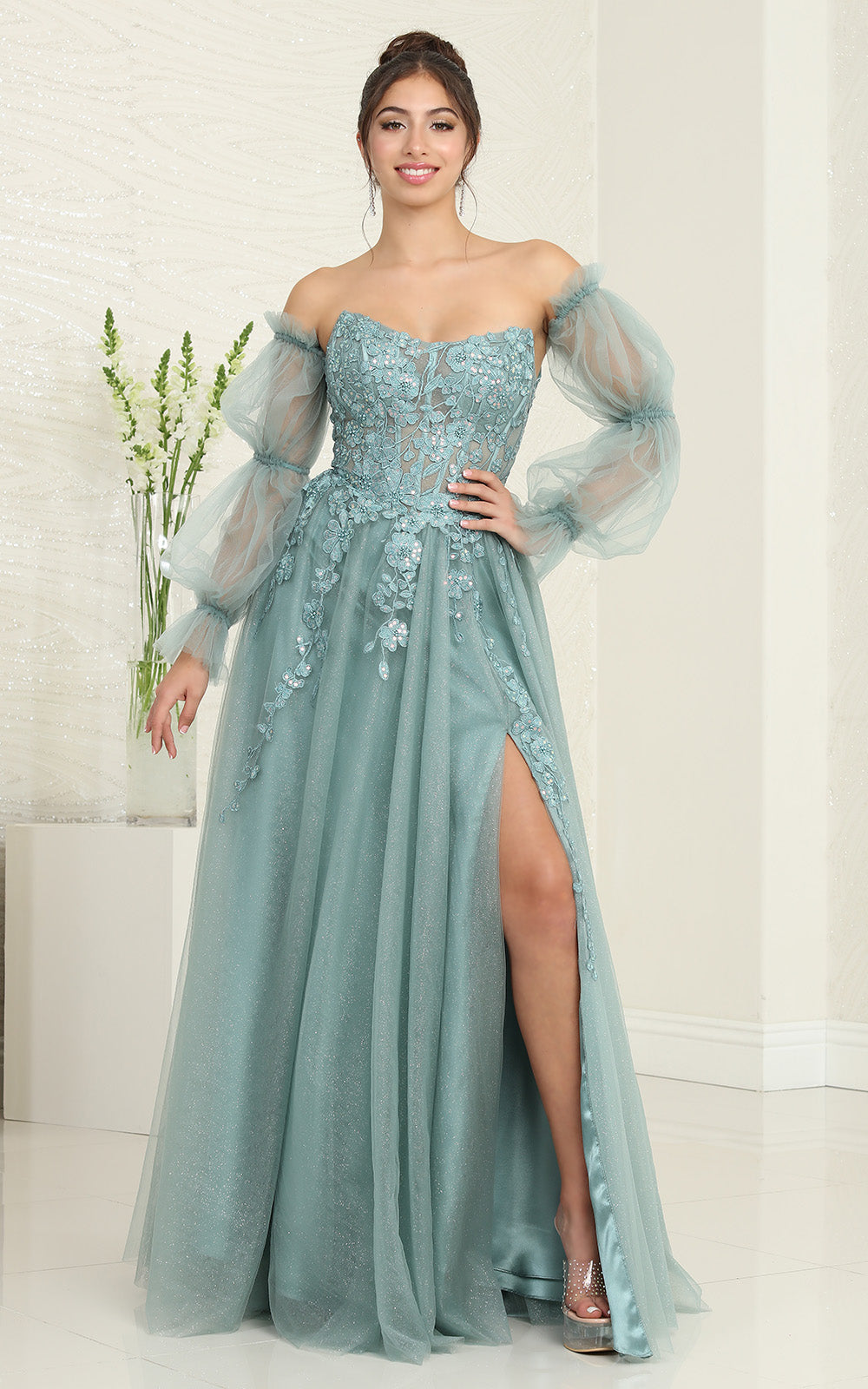 Off-the-Shoulder Floor-Length Tulle Prom A-Line May Queen RQ8060