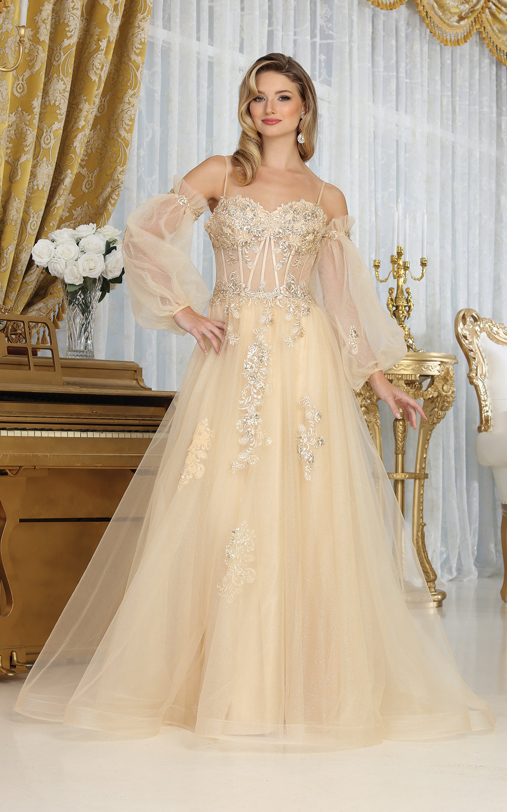 Off-the-Shoulder Floor-Length Tulle Prom A-Line May Queen RQ8073