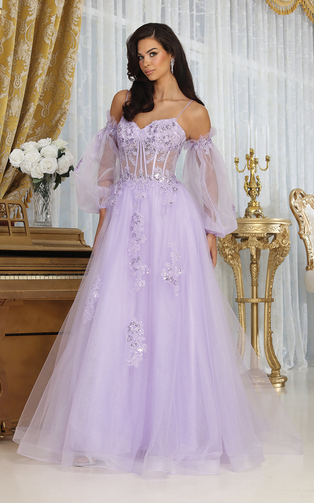 Off-the-Shoulder Floor-Length Tulle Prom A-Line May Queen RQ8073