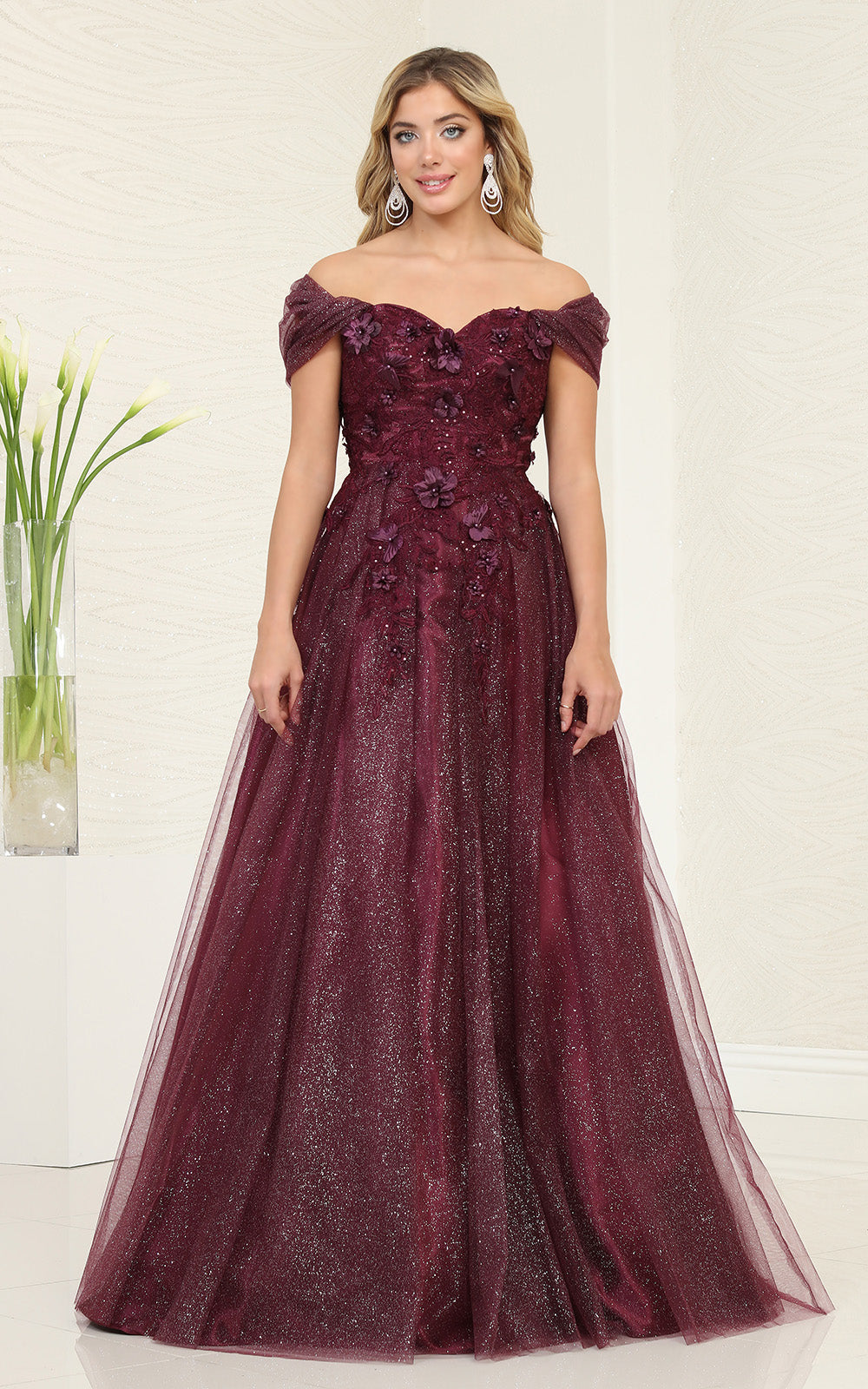 Off-the-Shoulder Floor-Length Tulle Prom A-Line May Queen RQ8109
