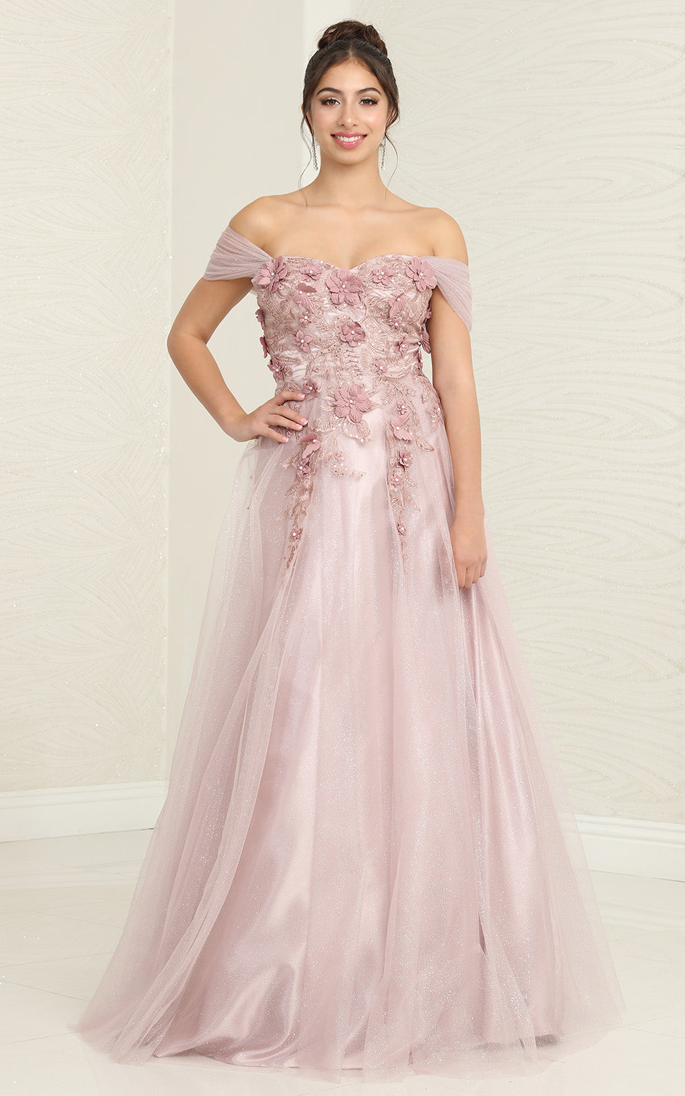 Off-the-Shoulder Floor-Length Tulle Prom A-Line May Queen RQ8109