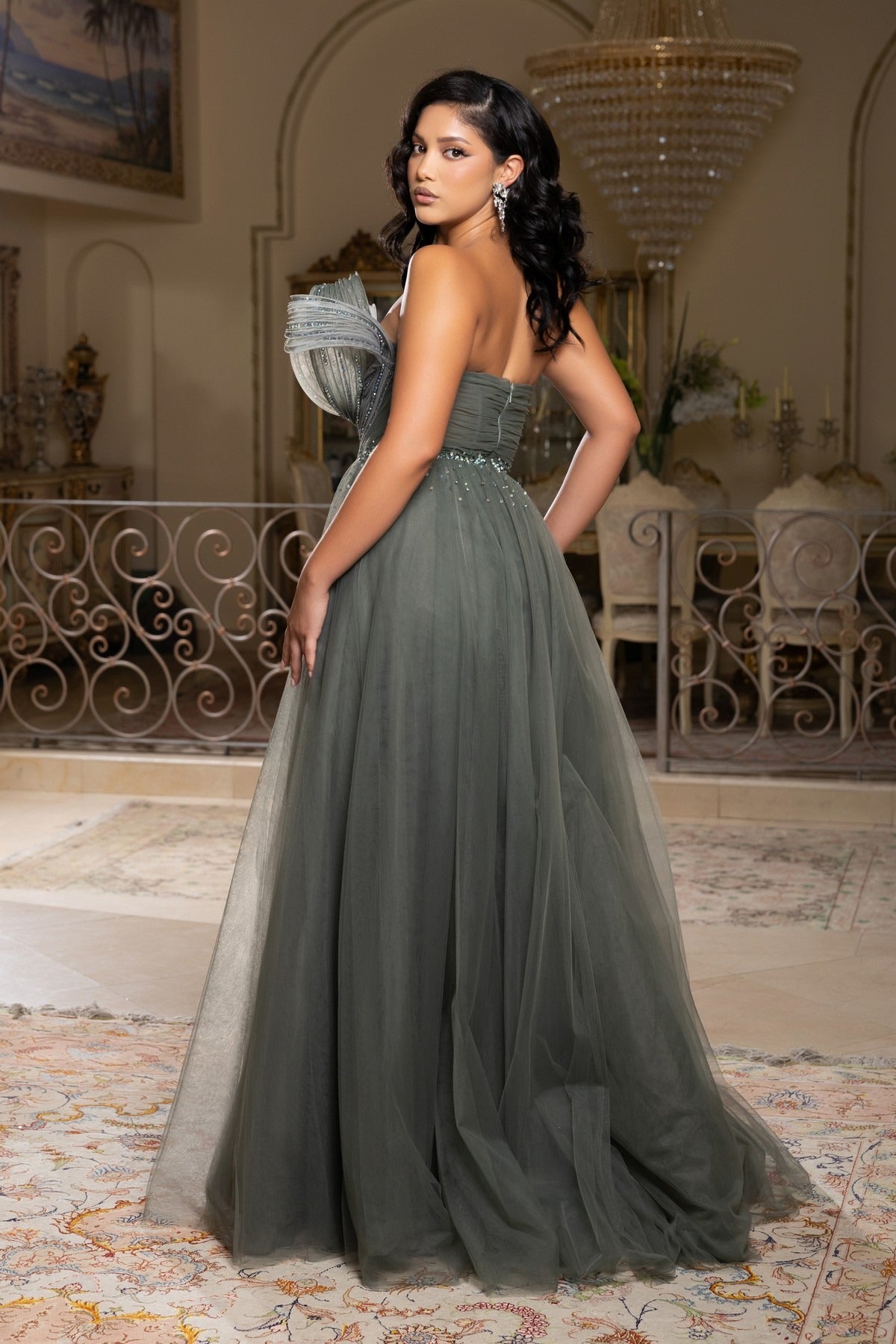 Off-the-Shoulder Floor-Length Tulle Prom A-Line May Queen RQ8203