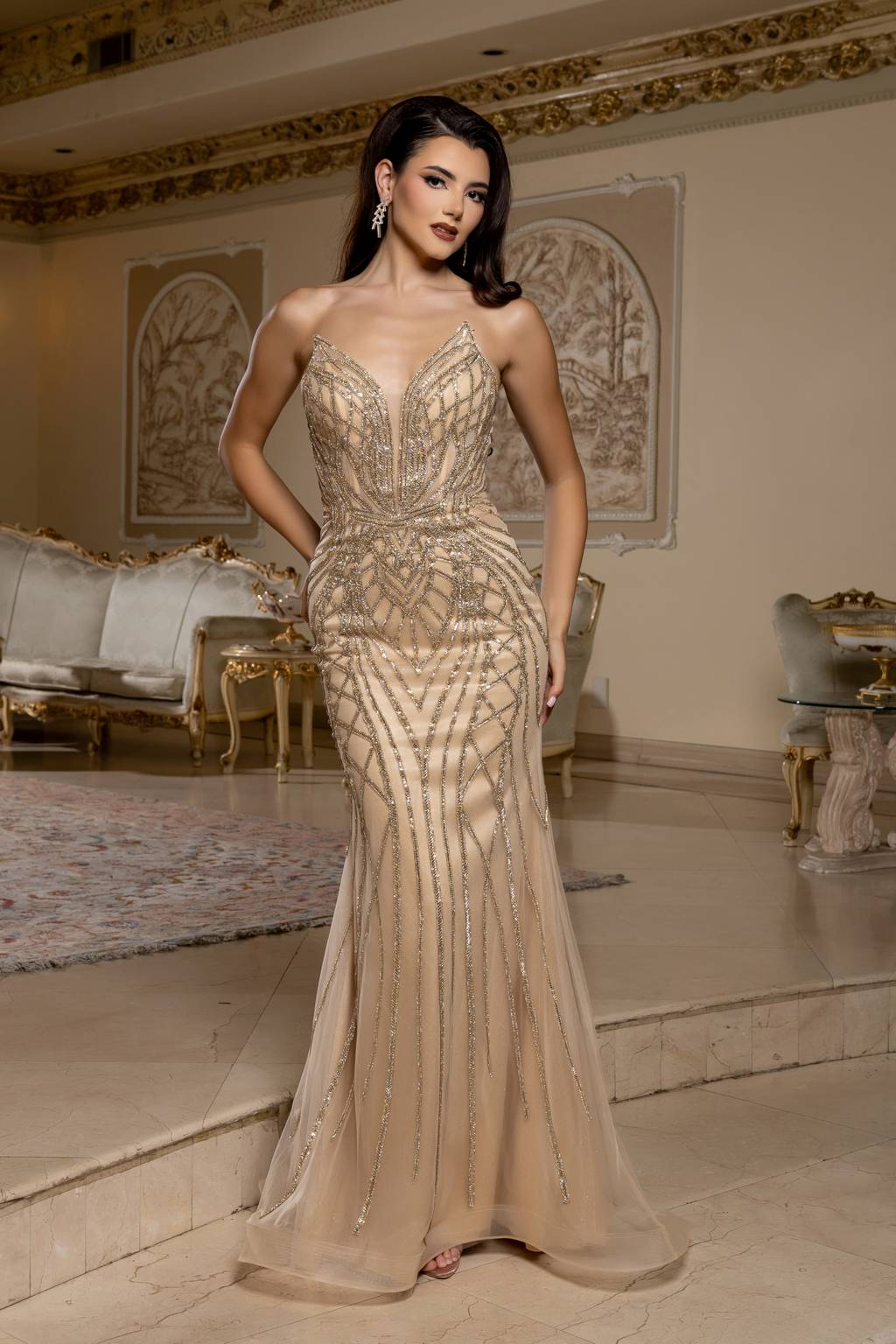 V-Neck Floor-Length Tulle Prom Mermaid Trumpet May Queen RQ8210