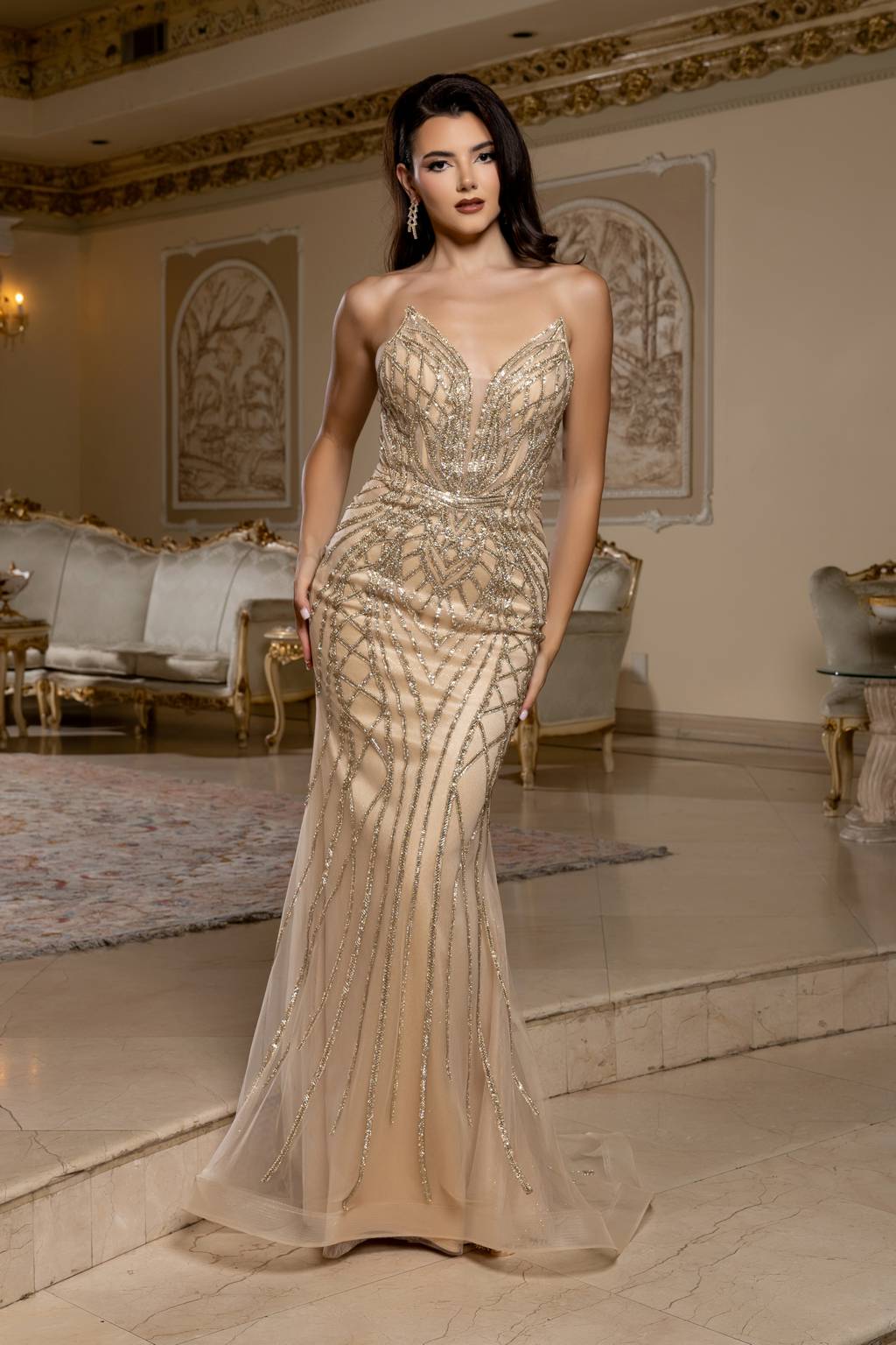 V-Neck Floor-Length Tulle Prom Mermaid Trumpet May Queen RQ8210