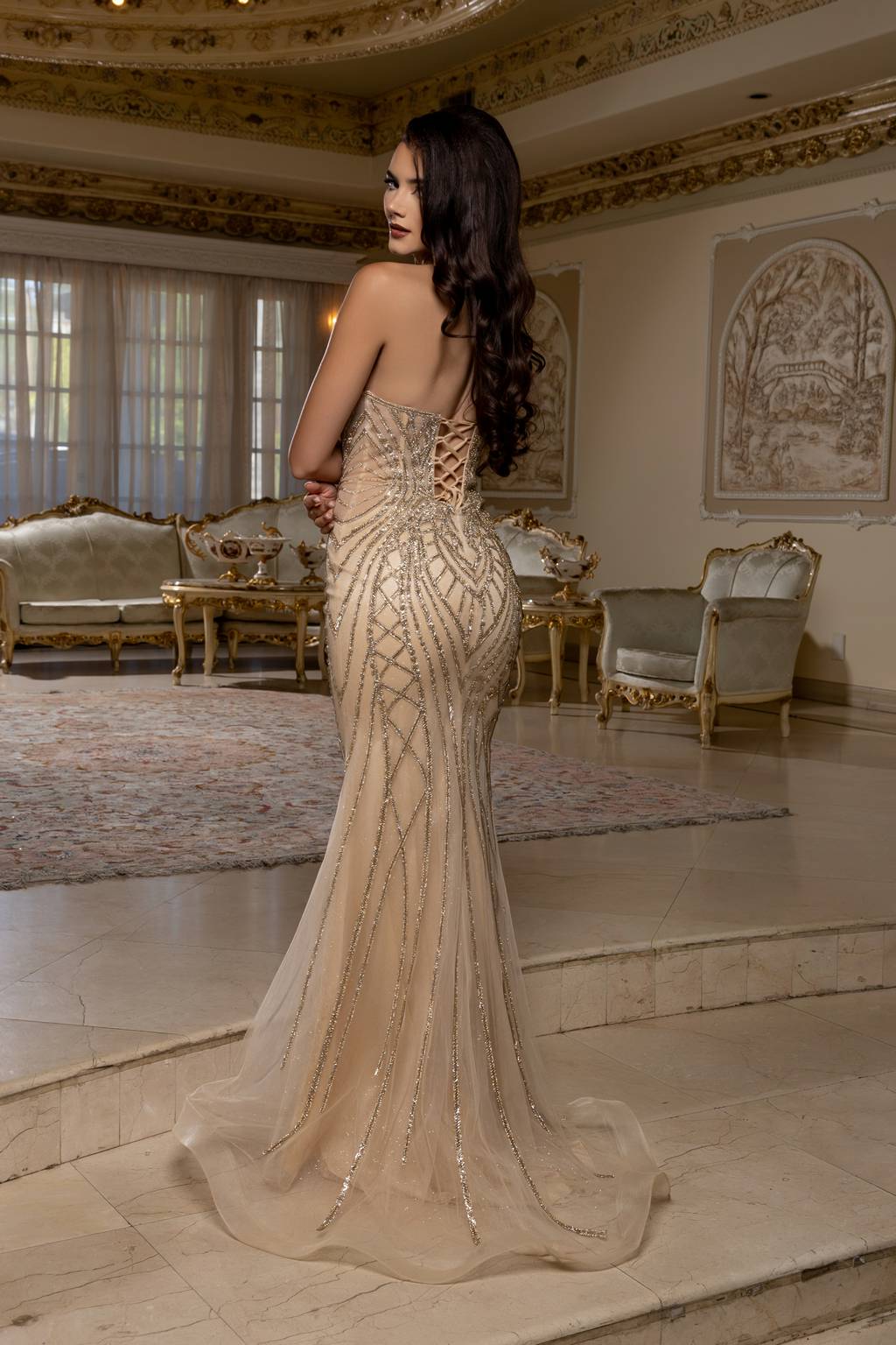 V-Neck Floor-Length Tulle Prom Mermaid Trumpet May Queen RQ8210