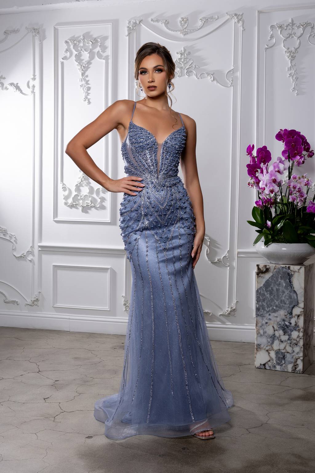 V-Neck Floor-Length Tulle Prom Sheath Column May Queen RQ8212