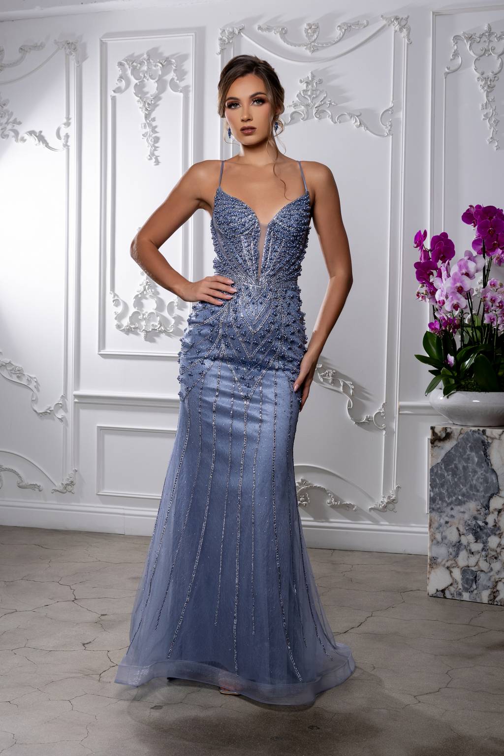V-Neck Floor-Length Tulle Prom Sheath Column May Queen RQ8212