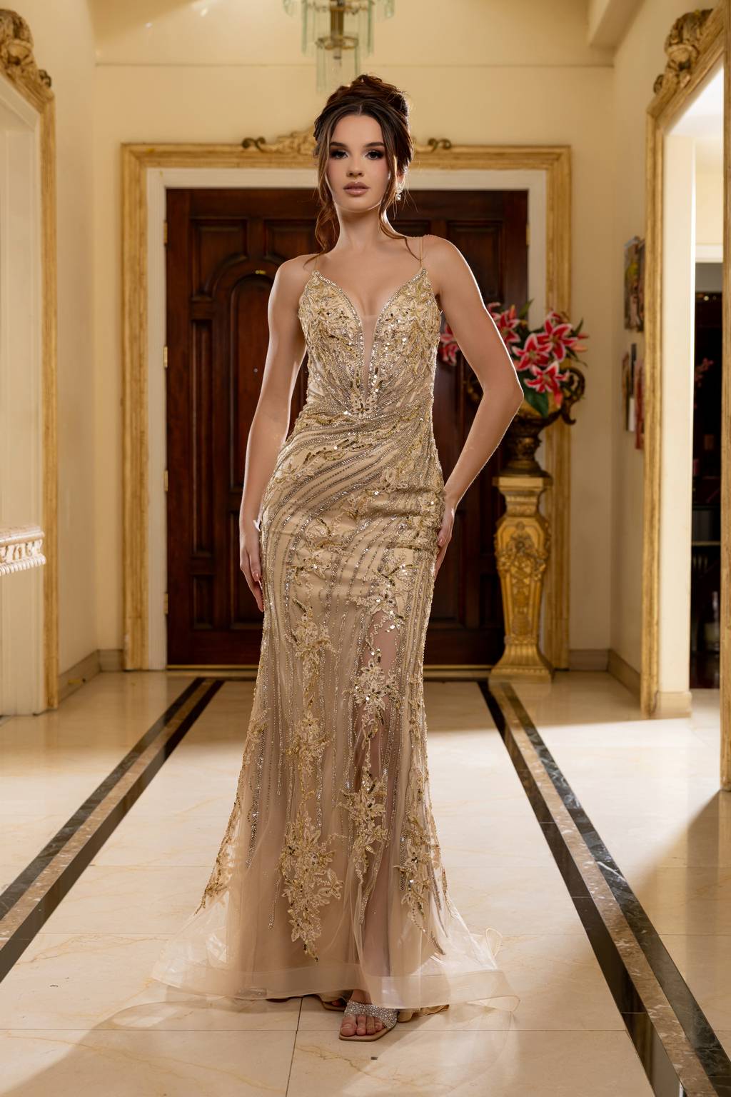 V-Neck Floor-Length Sequin Prom Mermaid Dress May Queen RQ8213