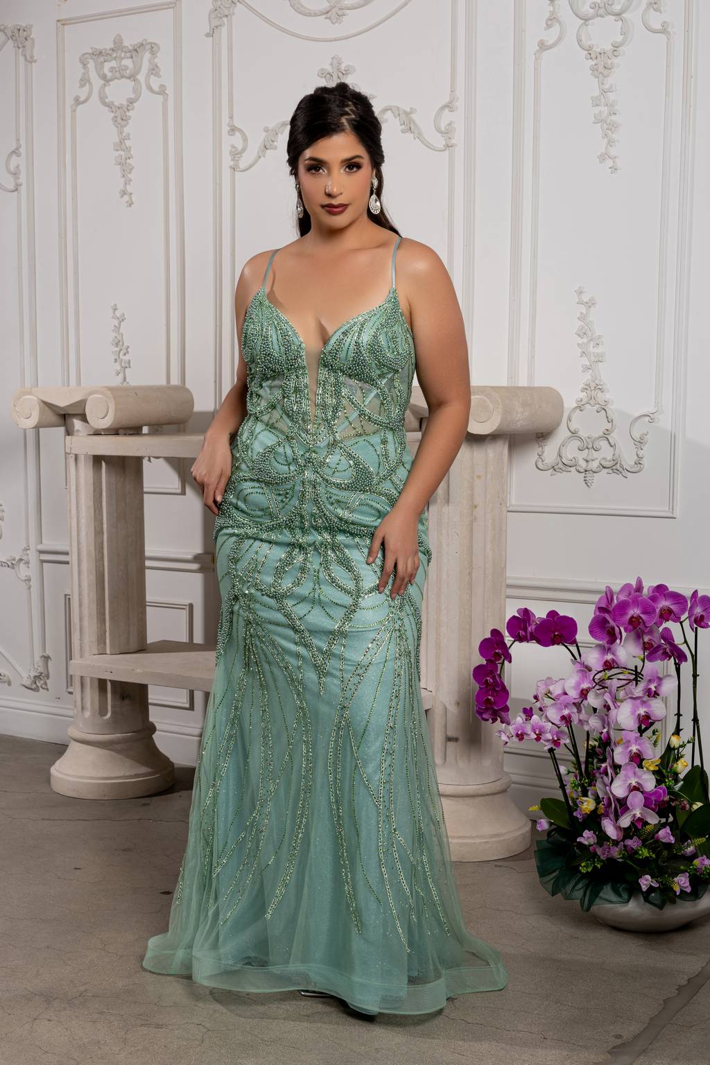 V-Neck Floor-Length Tulle Prom Mermaid Trumpet May Queen RQ8221