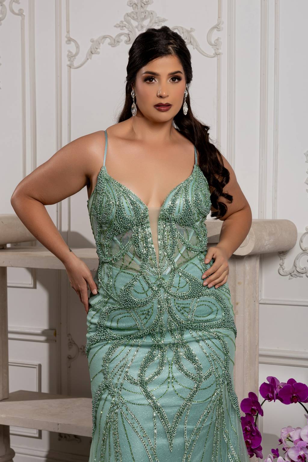 V-Neck Floor-Length Tulle Prom Mermaid Trumpet May Queen RQ8221