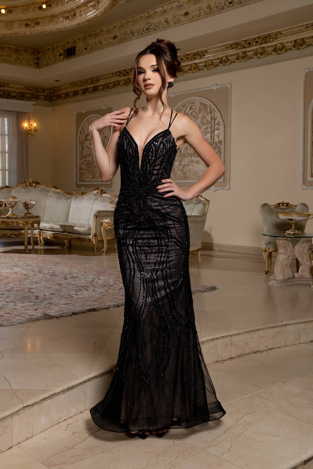 V-Neck Floor-Length Tulle Prom Sheath Column May Queen RQ8222