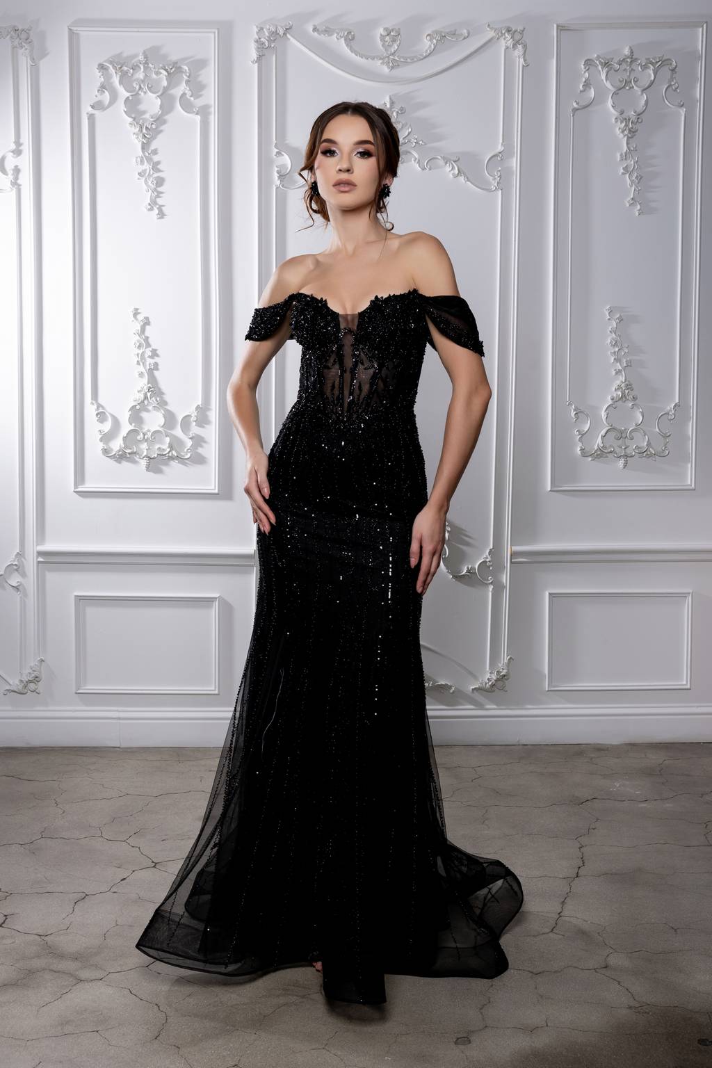black trumpet dress Off-the-Shoulder Floor-Length Tulle Prom Mermaid Trumpet May Queen RQ8233
