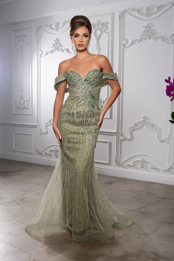 Off-the-Shoulder Floor-Length with Train Tulle Prom Mermaid Trumpet May Queen RQ8247