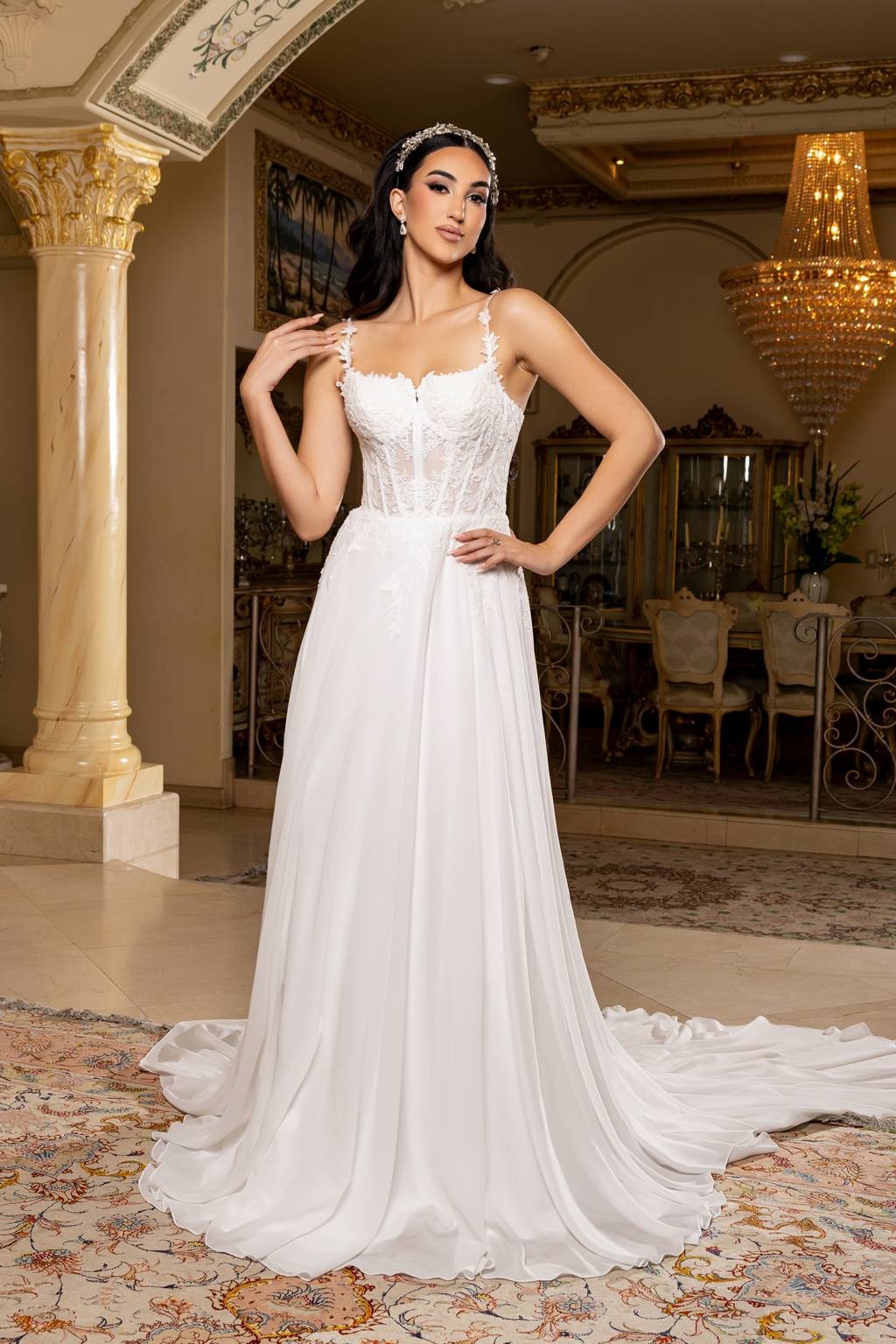 Sweetheart Floor-Length with Train Chiffon Wedding Dress A-Line May Queen RQ8248