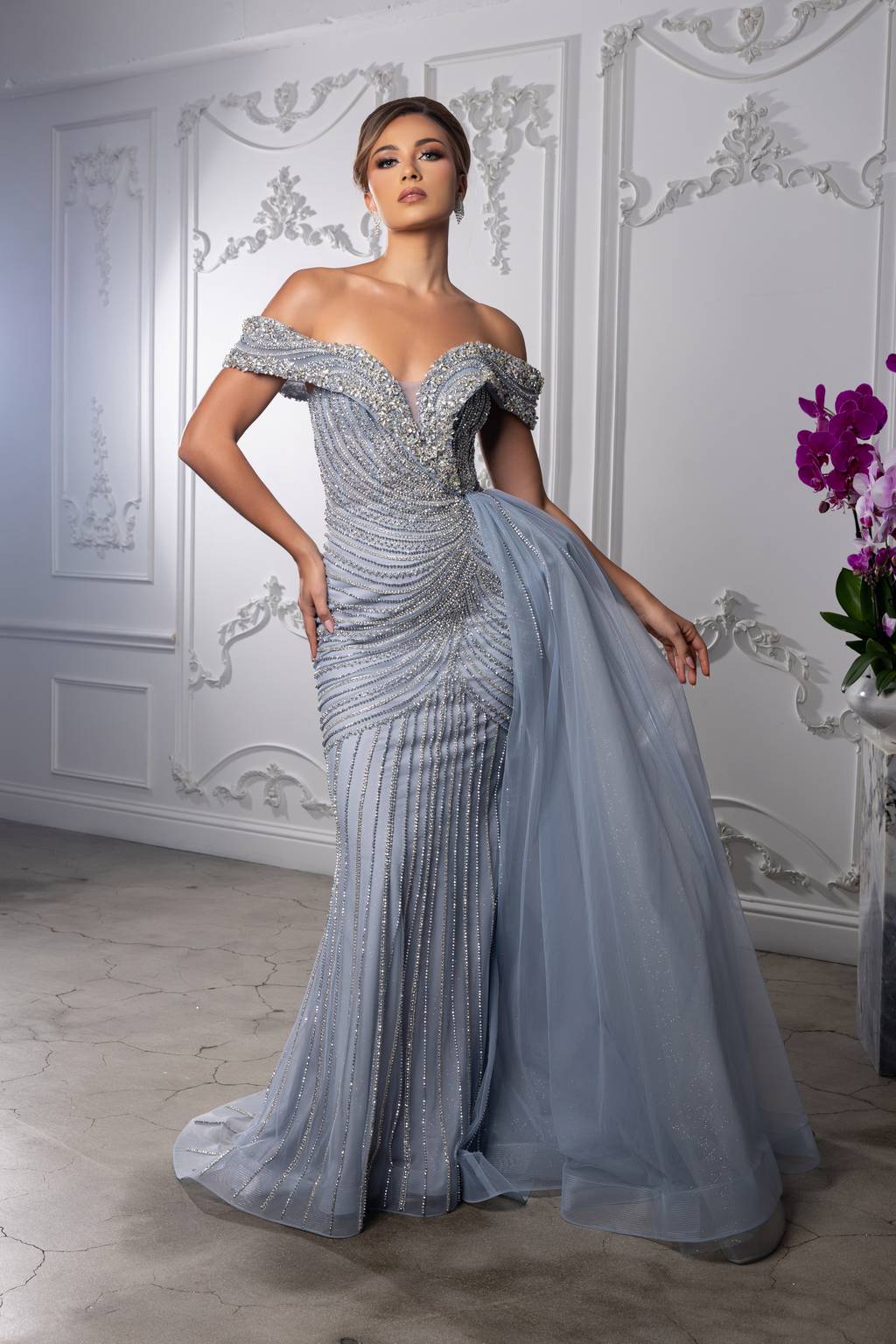Off-the-Shoulder Floor-Length with Train Tulle Prom Sheath Column May Queen RQ8261