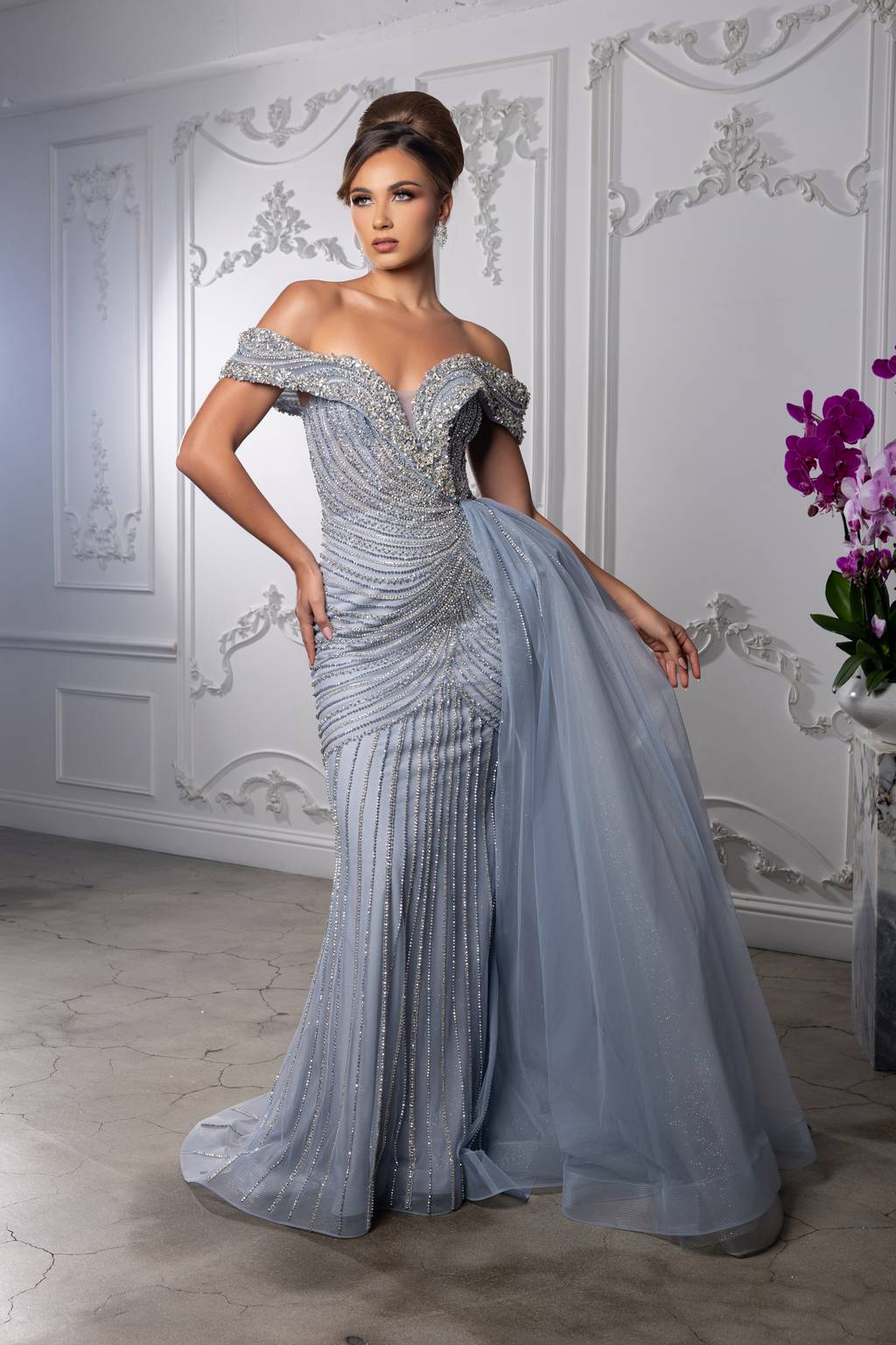 Off-the-Shoulder Floor-Length with Train Tulle Prom Sheath Column May Queen RQ8261