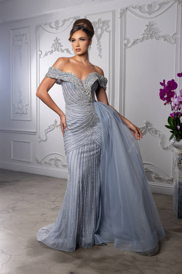 Off-the-Shoulder Floor-Length with Train Tulle Prom Sheath Column May Queen RQ8261