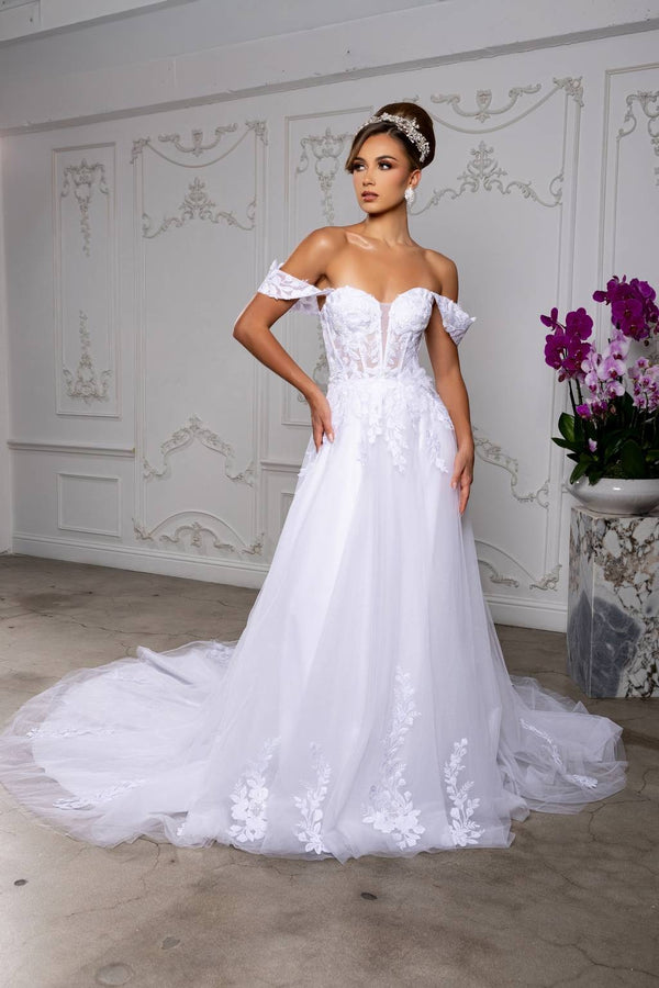 Off-the-Shoulder Floor-Length with Train Tulle Wedding Dress A-Line May Queen RQ8275