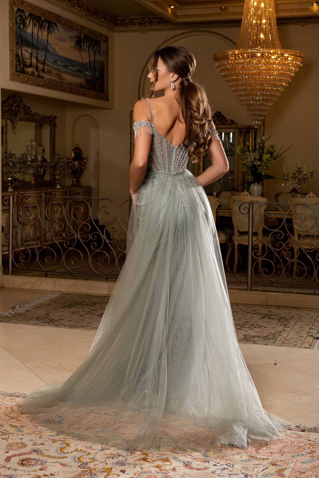 Off-the-Shoulder Floor-Length Tulle Evening Gown Mermaid May Queen RQ8277
