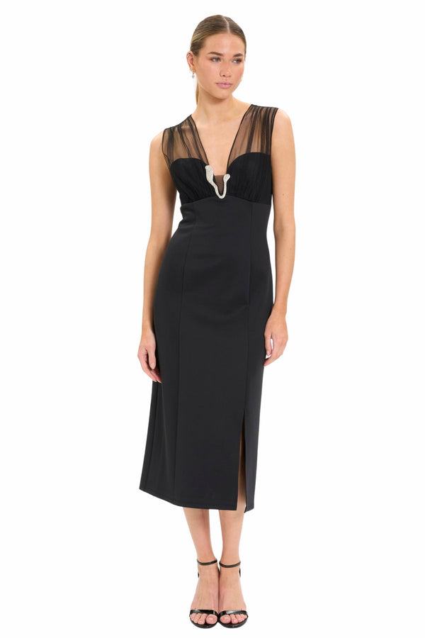 Belted Long Sleeve Sheath Dress in Black Maggy London G7051M