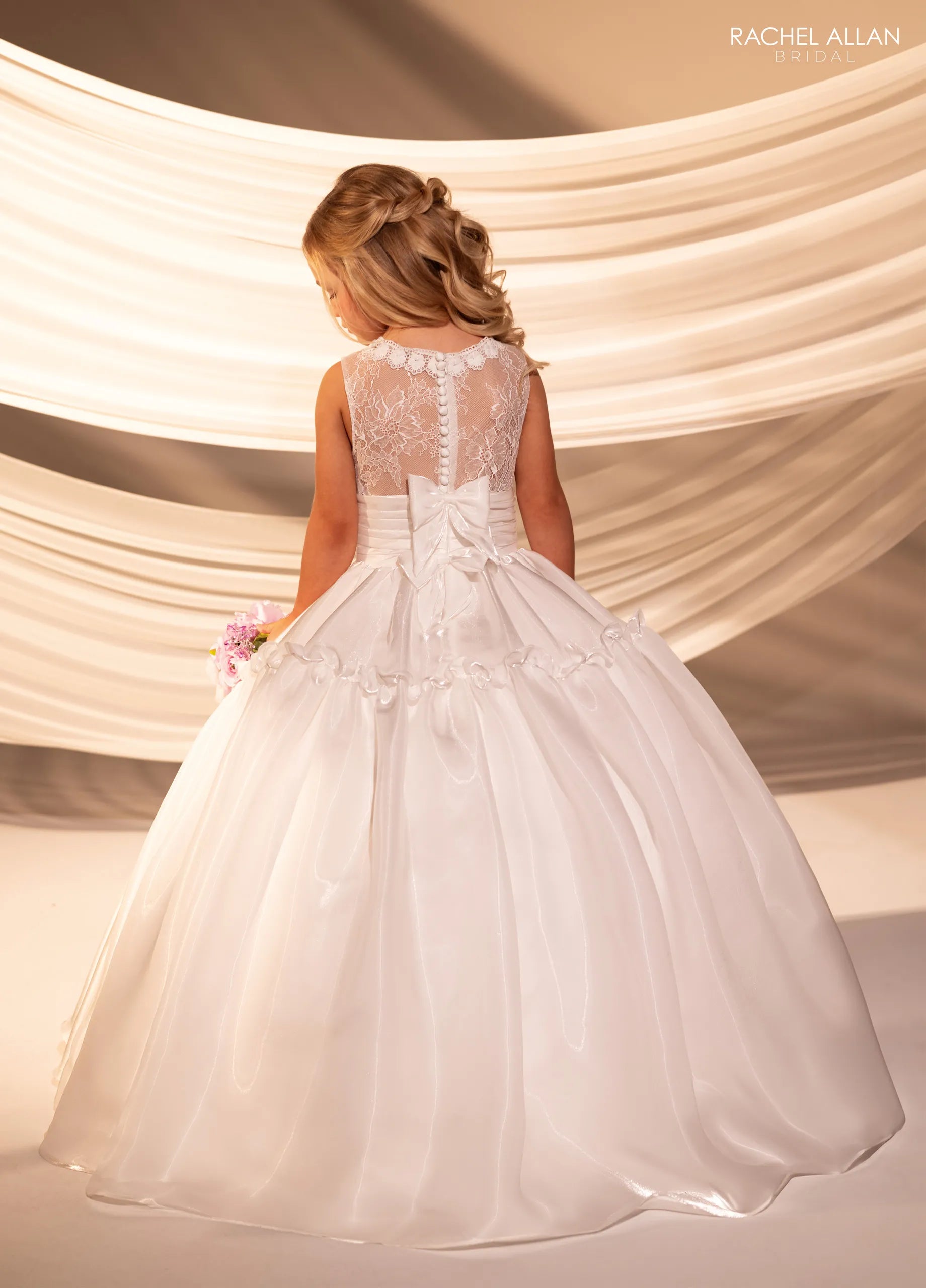 Ivory Illusion Neck Floor-Length Satin Flower Girl Ballgown with Ruched Waist Rachel Allan RB9182