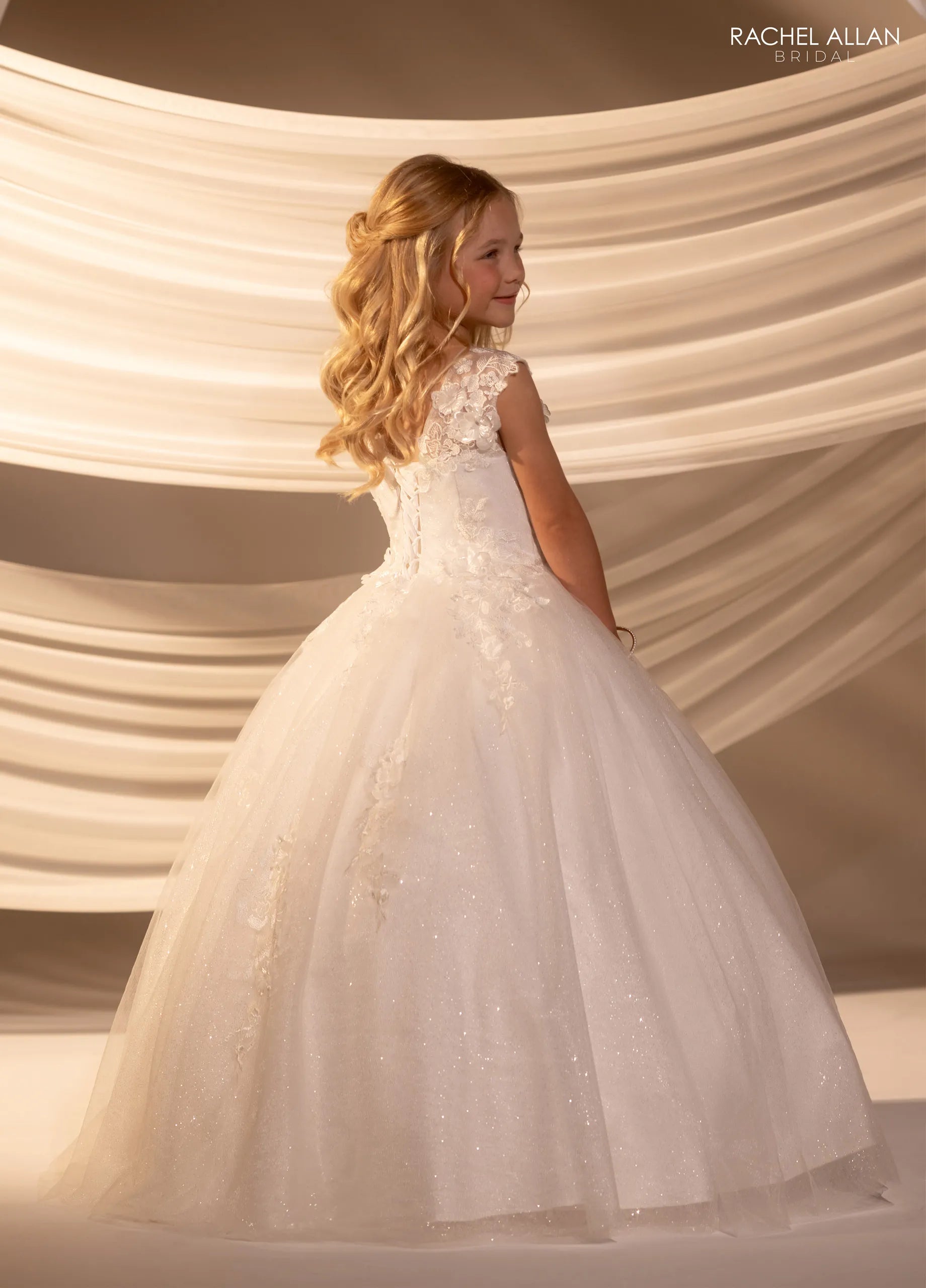 Ivory Nude Square Neck Floor-Length Glitter Tulle Flower Girl Ballgown with 3D Floral Applique Rachel Allan RB9184