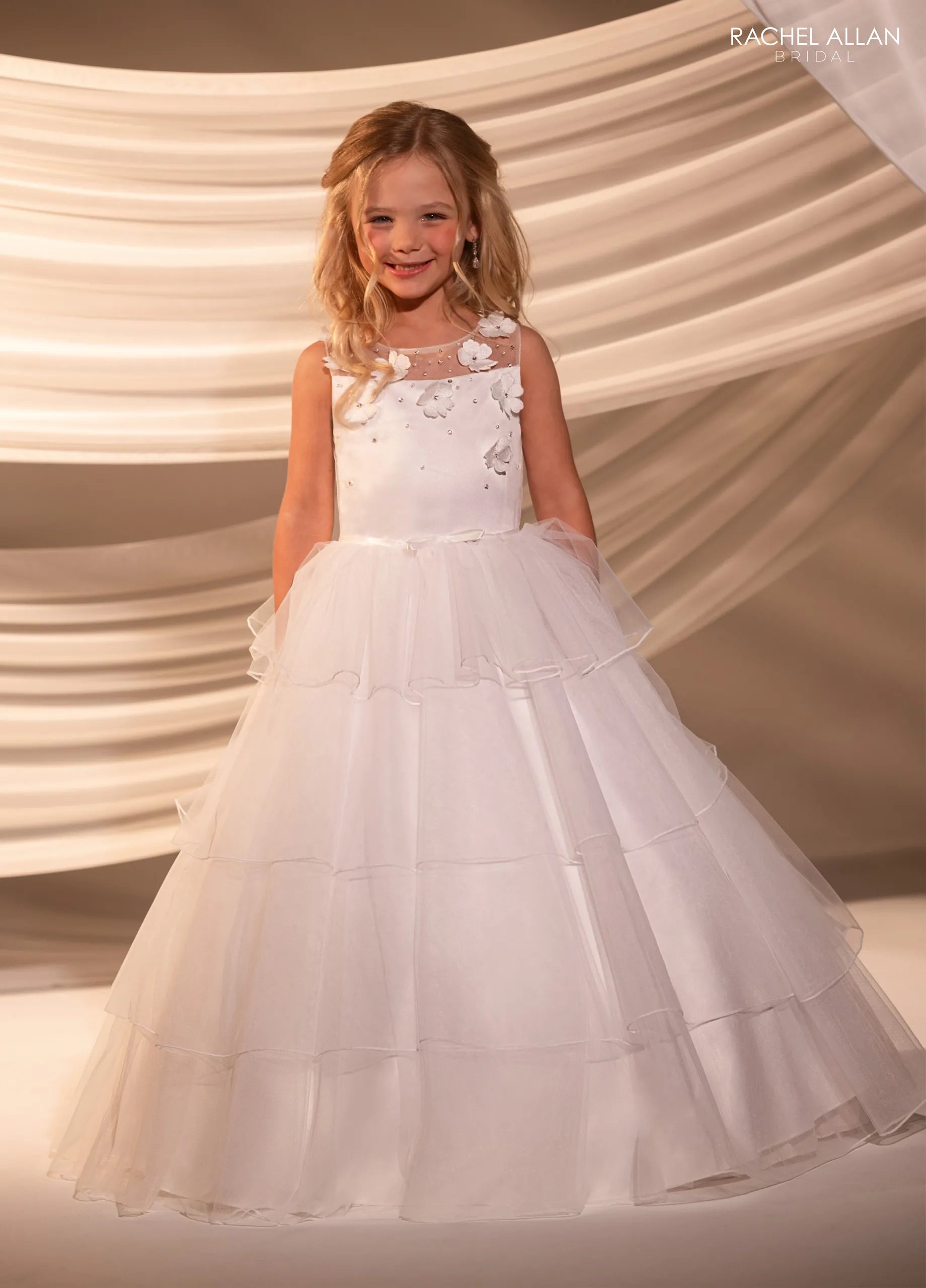 Ivory Nude Illusion Neck Floor-Length Tulle Satin Flower Girl Dress with 3D Floral Applique Rachel Allan RB9180