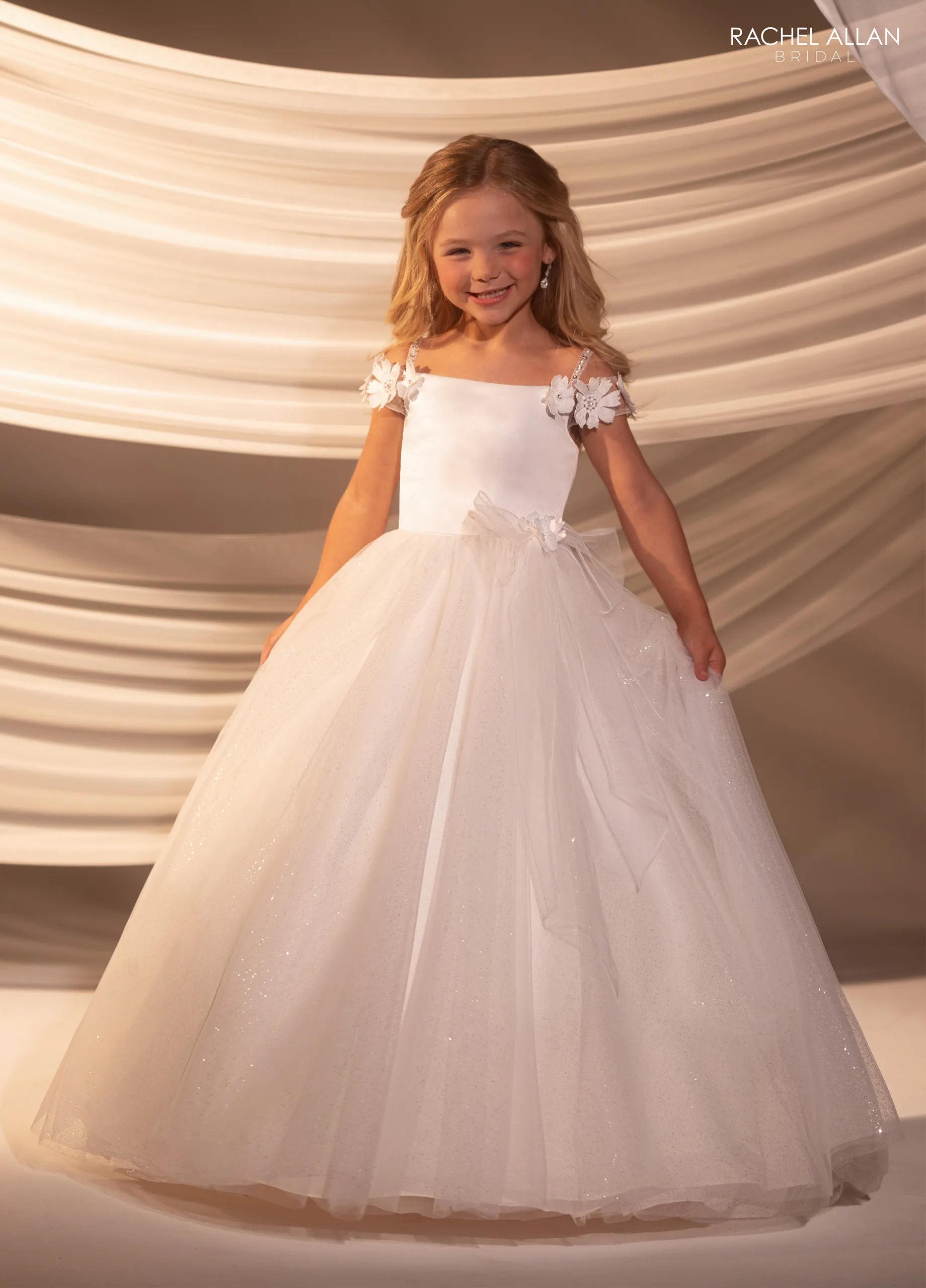 Ivory Nude Off-the-Shoulder Floor-Length Glitter Tulle Flower Girl Ballgown with 3D Floral Straps Rachel Allan RB9186