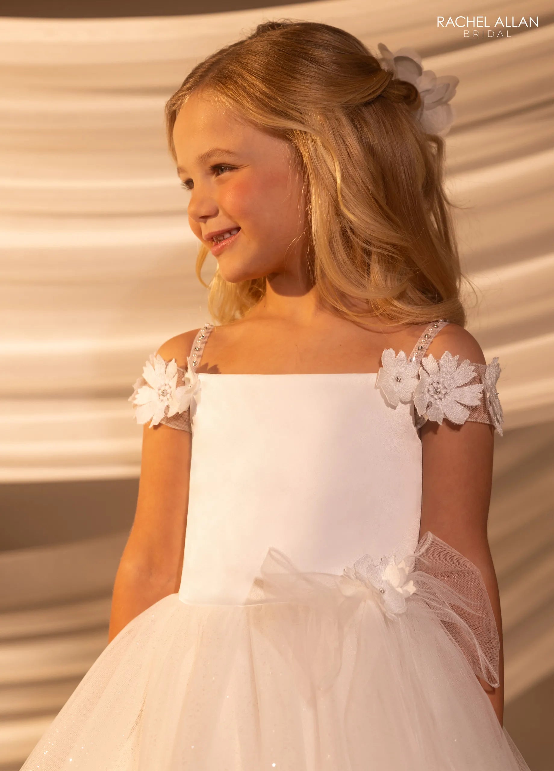 Ivory Nude Off-the-Shoulder Floor-Length Glitter Tulle Flower Girl Ballgown with 3D Floral Straps Rachel Allan RB9186