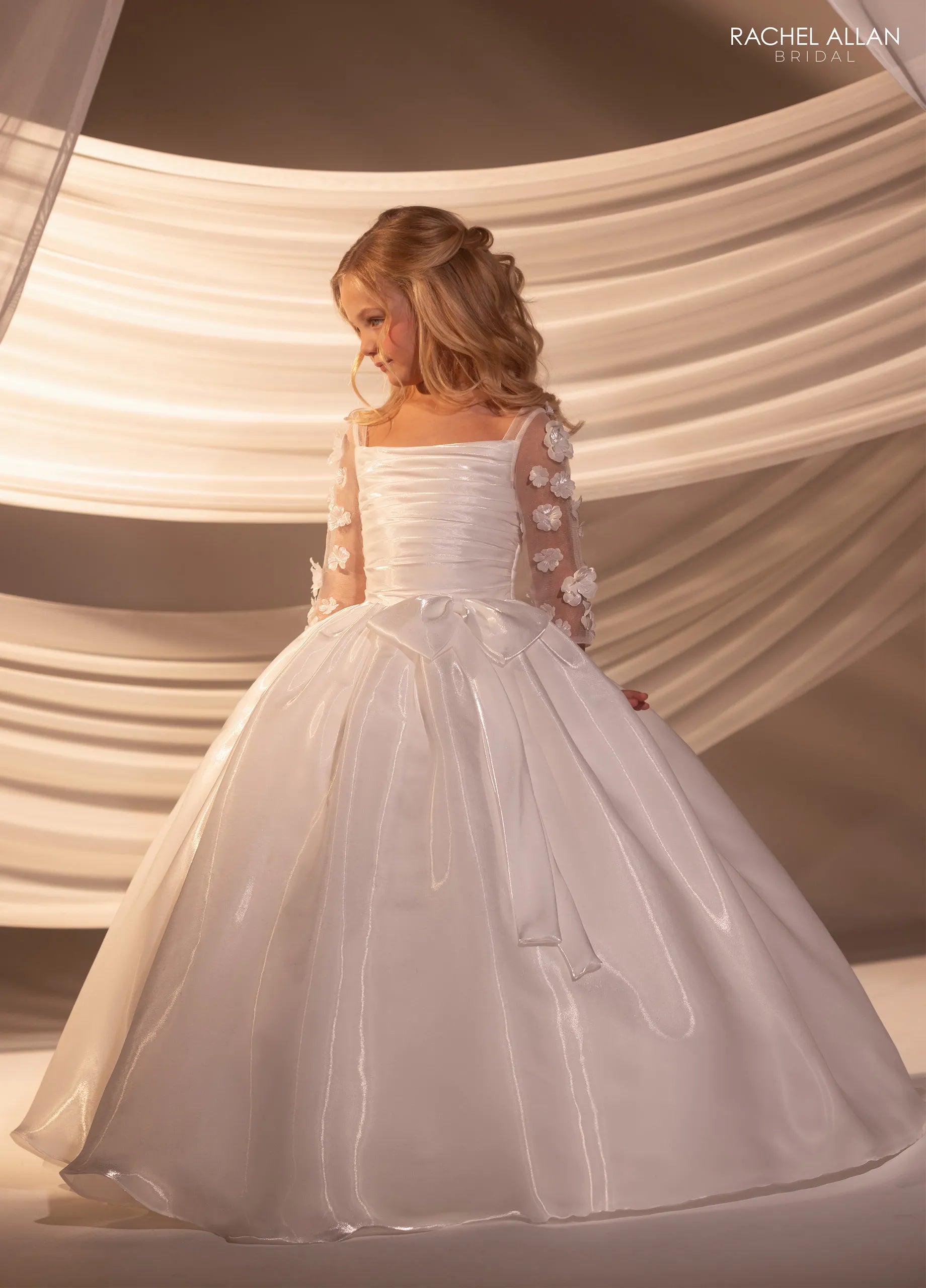 Ivory Nude Square Neck Floor-Length Crystal Satin Wedding Flower Girl Dress with 3D Floral Sleeves Rachel Allan RB9189